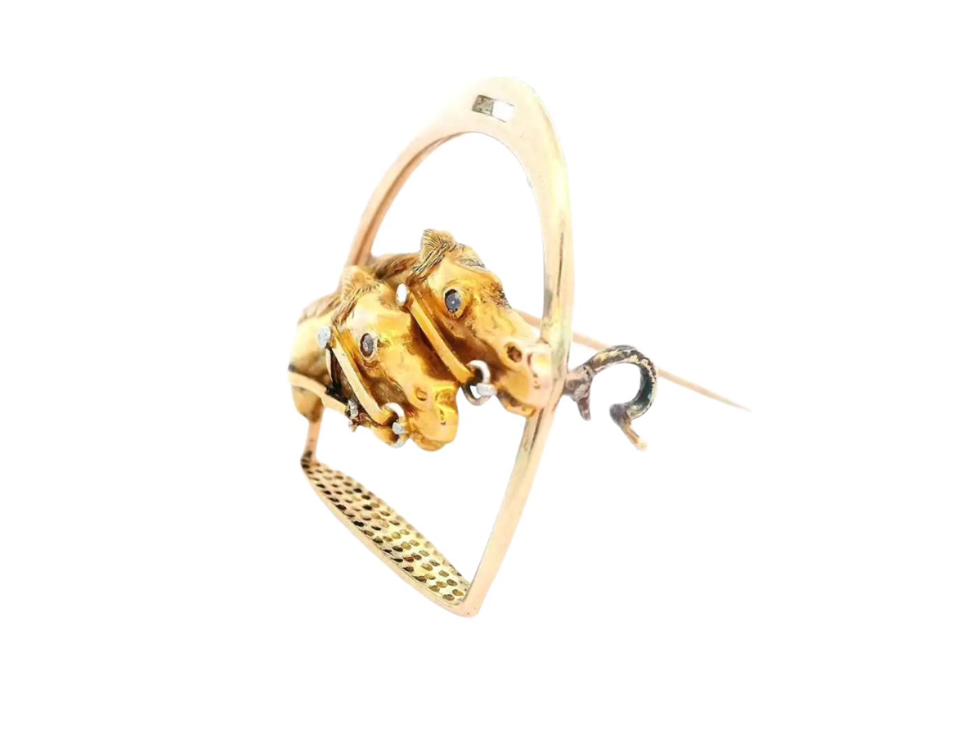 Late Victorian 18k Solid Yellow Gold and Diamond Horse and Stirrup Pin