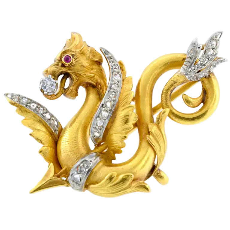 Antique French Griffin Brooch in 18k Solid Yellow Gold With Diamonds