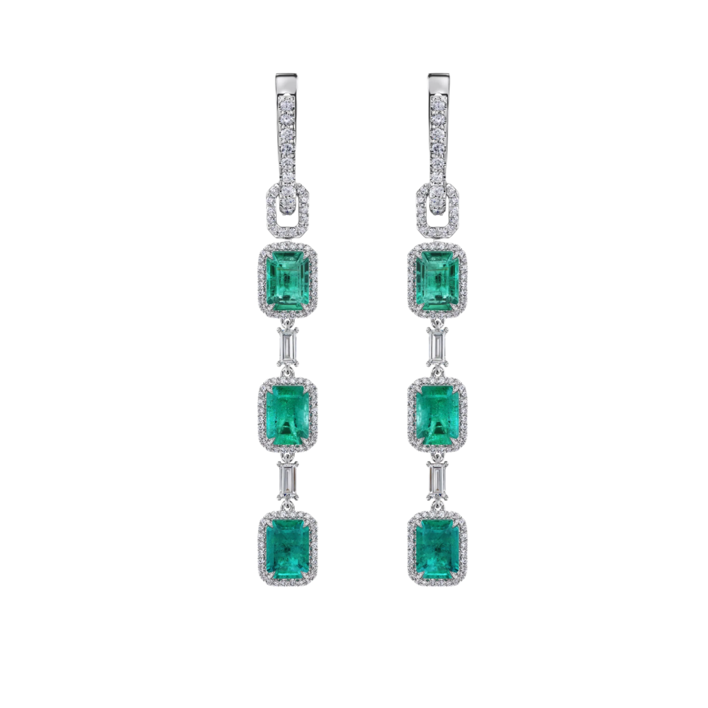 18k Solid White Gold Colombian Emerald and Dimond Cocktail Drop Earrings 10.55 CTW