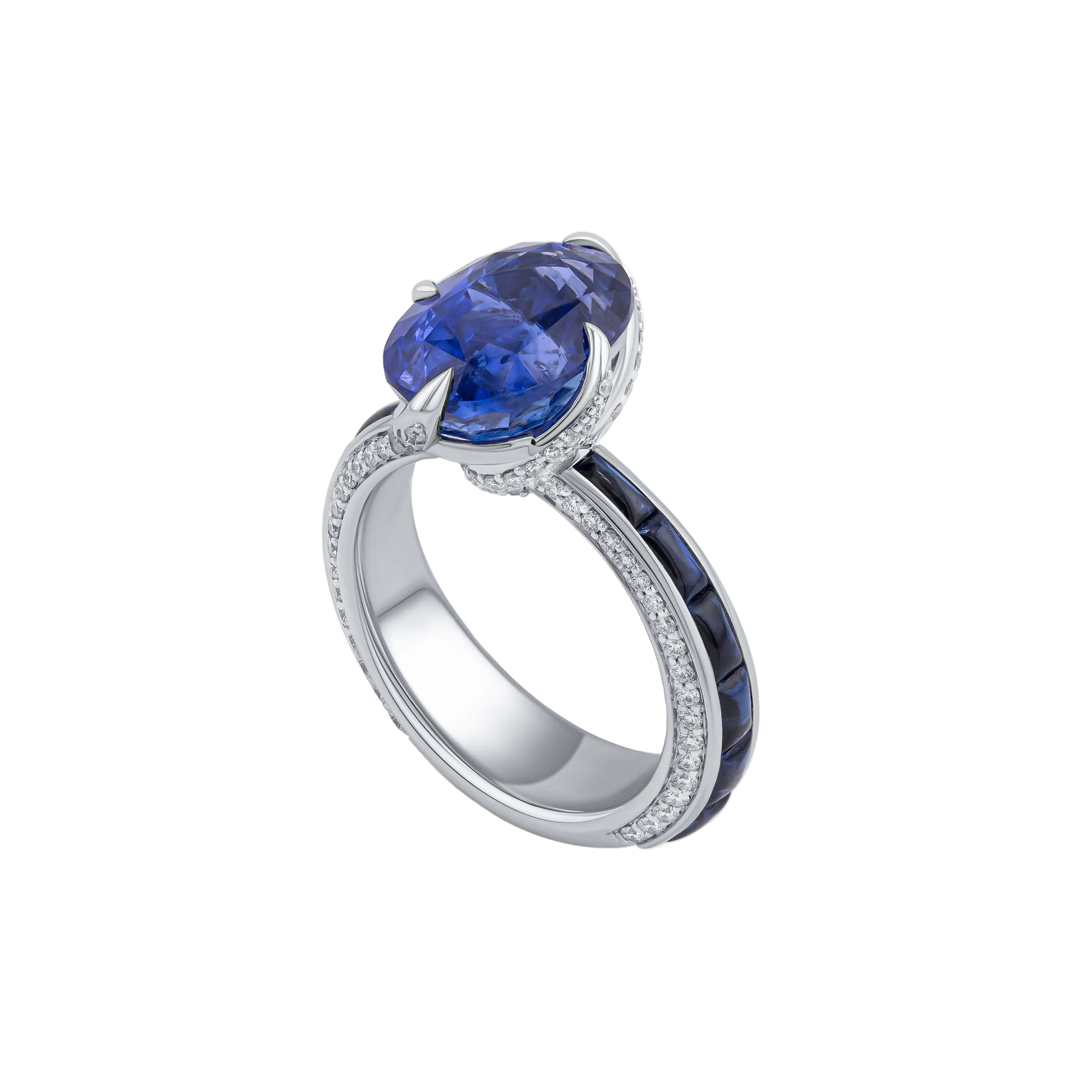 18k Solid White Gold Royal Blue Sapphire and Diamond Intricate Cocktail Ring 5.20 CTW