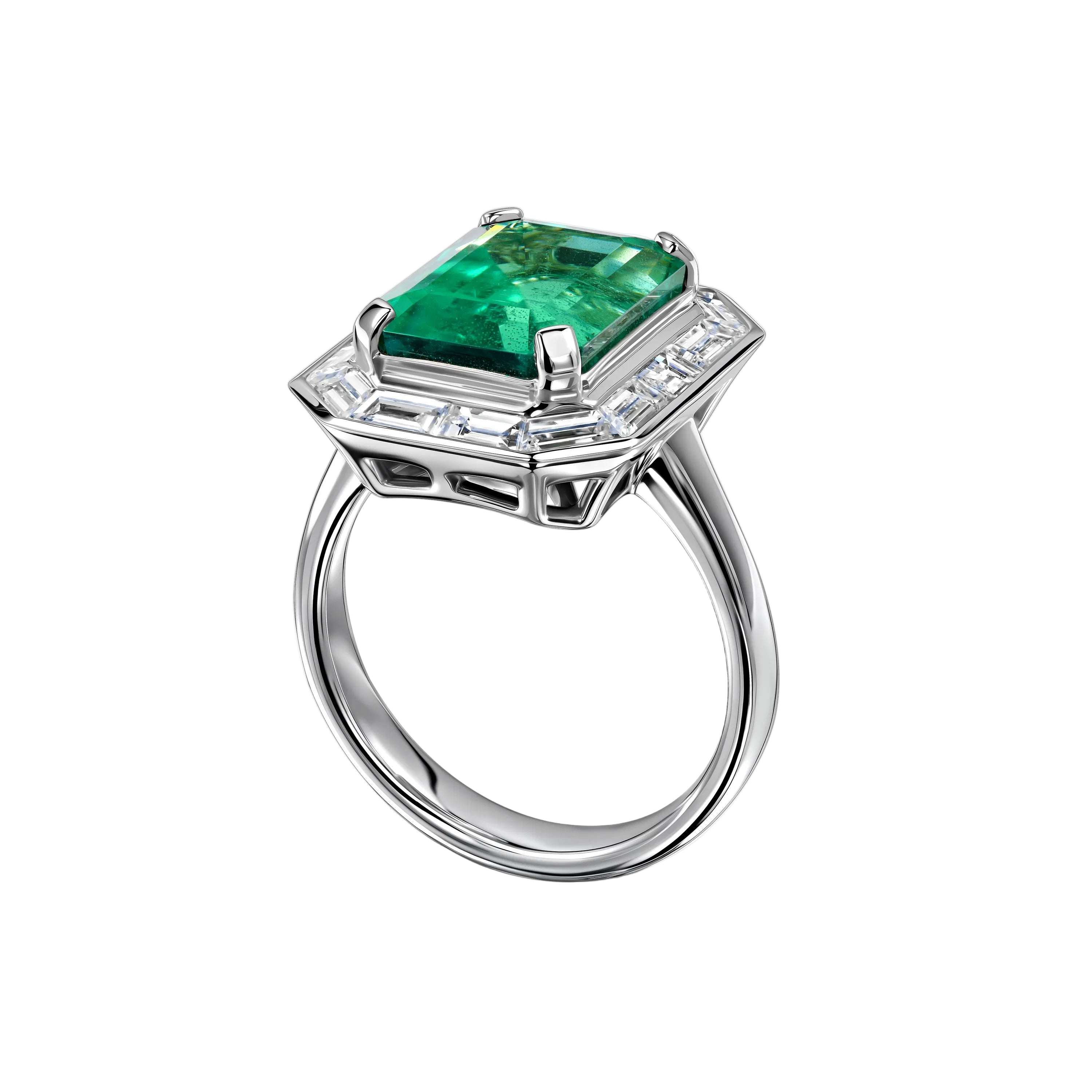 18k Solid White Gold Zambian Emerald and Baguette Cut Diamond Ring 5.60 CTW