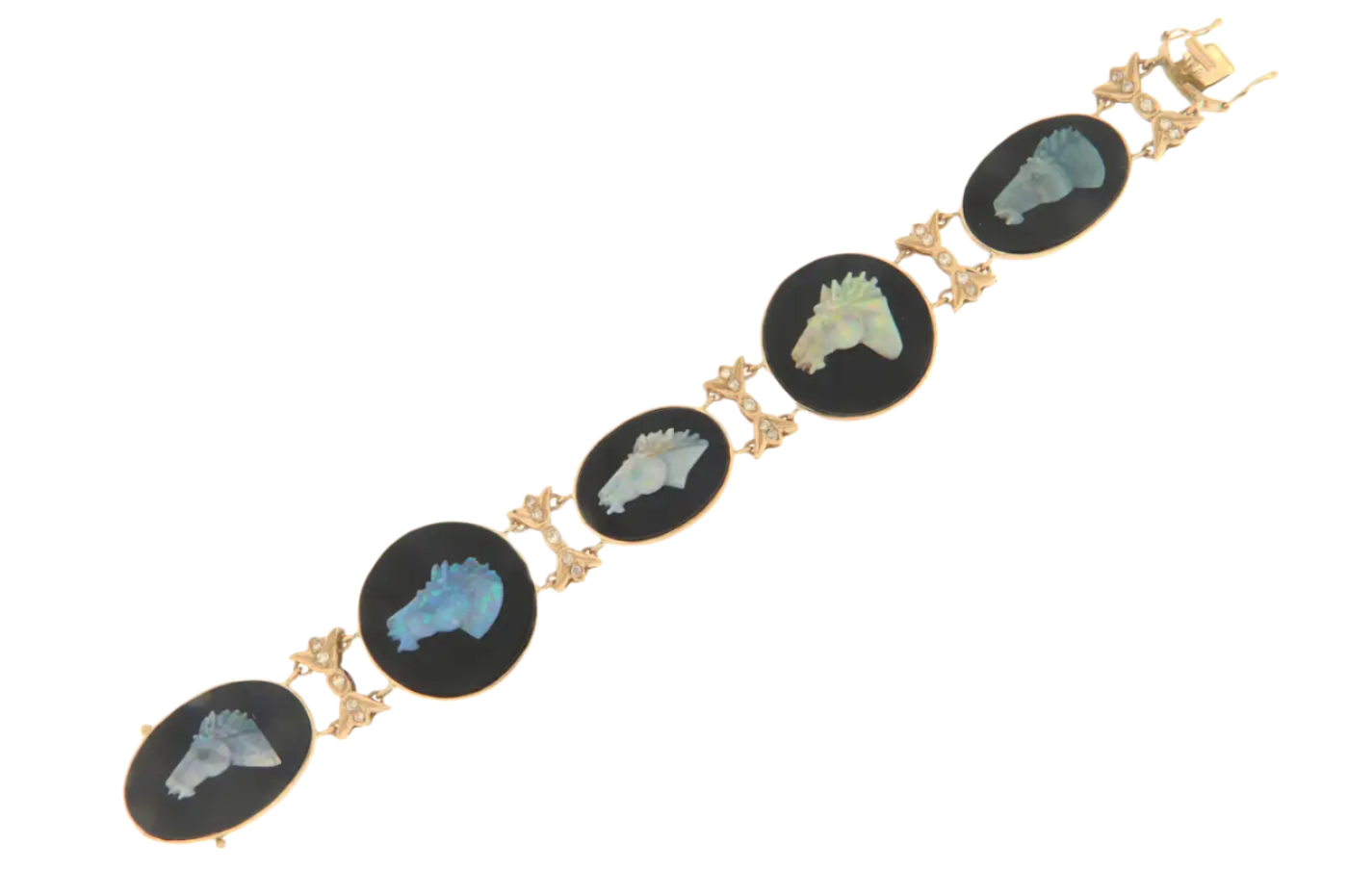 Opal Horses 18k Yellow Gold, Onyx and Diamond Cuff Bracelet