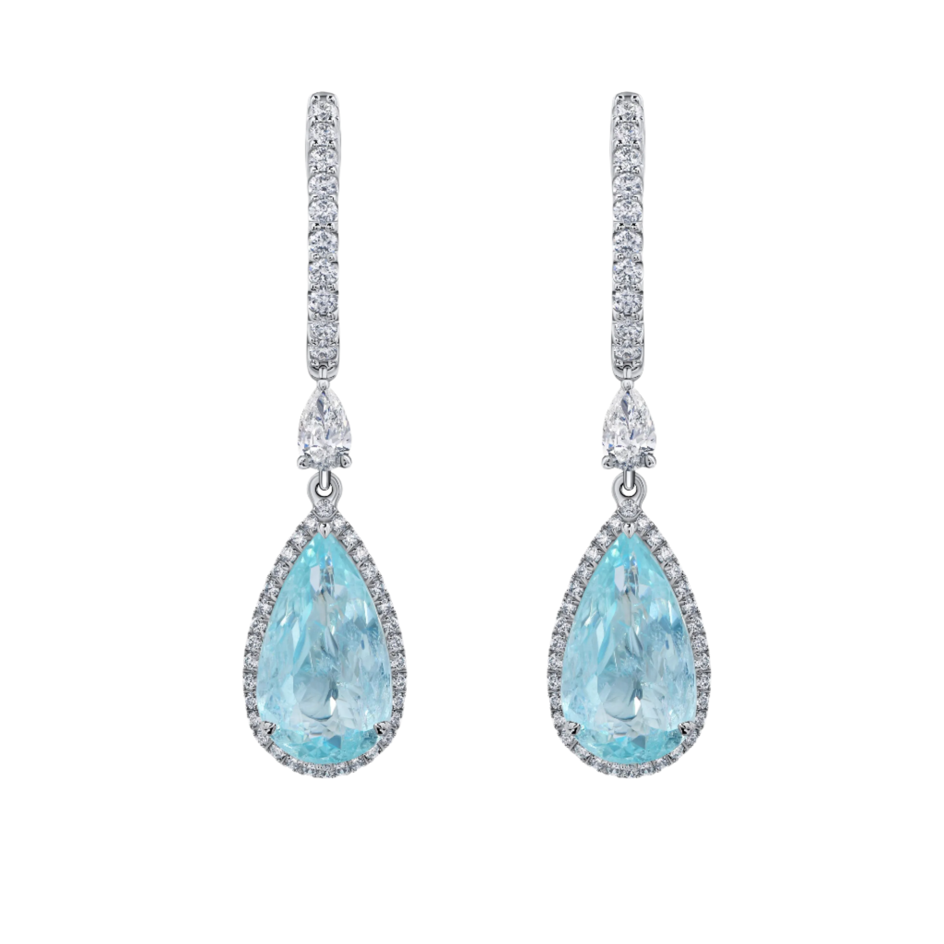 18k Solid White Gold Intense Blue Aquamarine and Diamond Drop Earrings 9.65 CTW