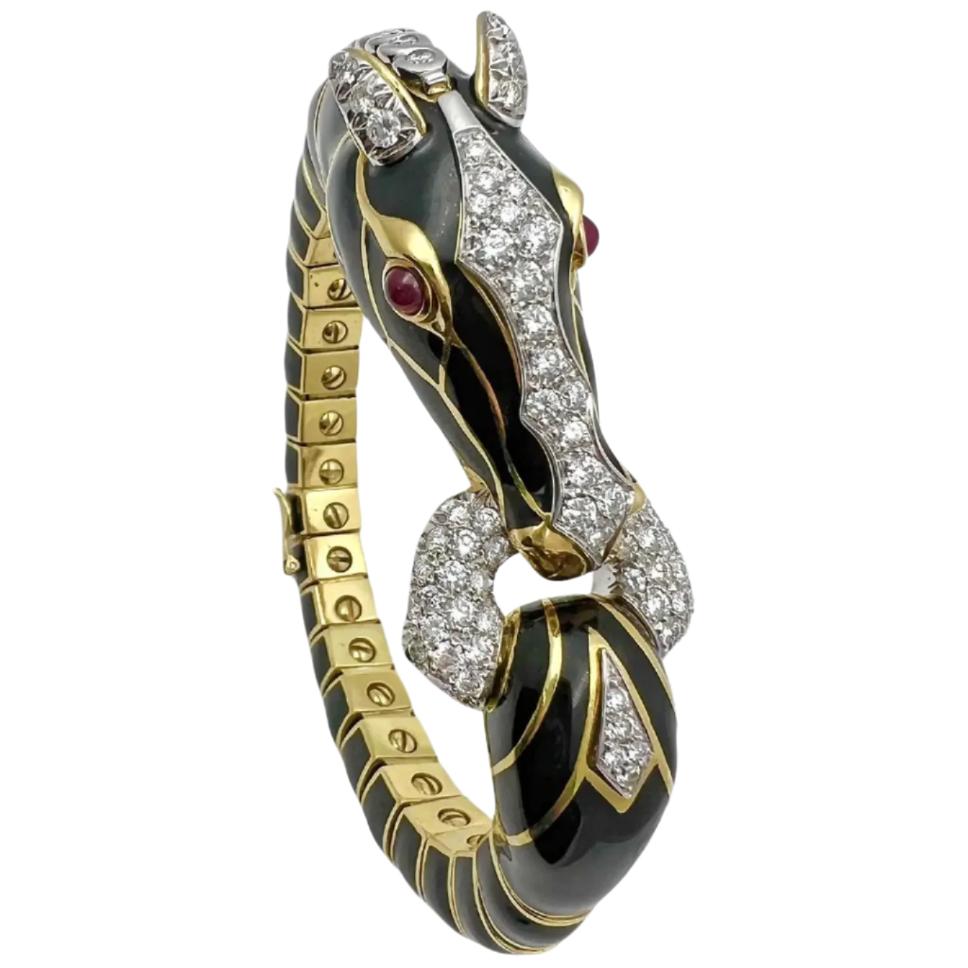 David Webb 18k Gold Platinum Black Enamel Diamond Horse Bracelet