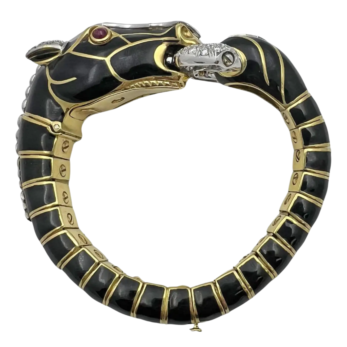 David Webb 18k Gold Platinum Black Enamel Diamond Horse Bracelet