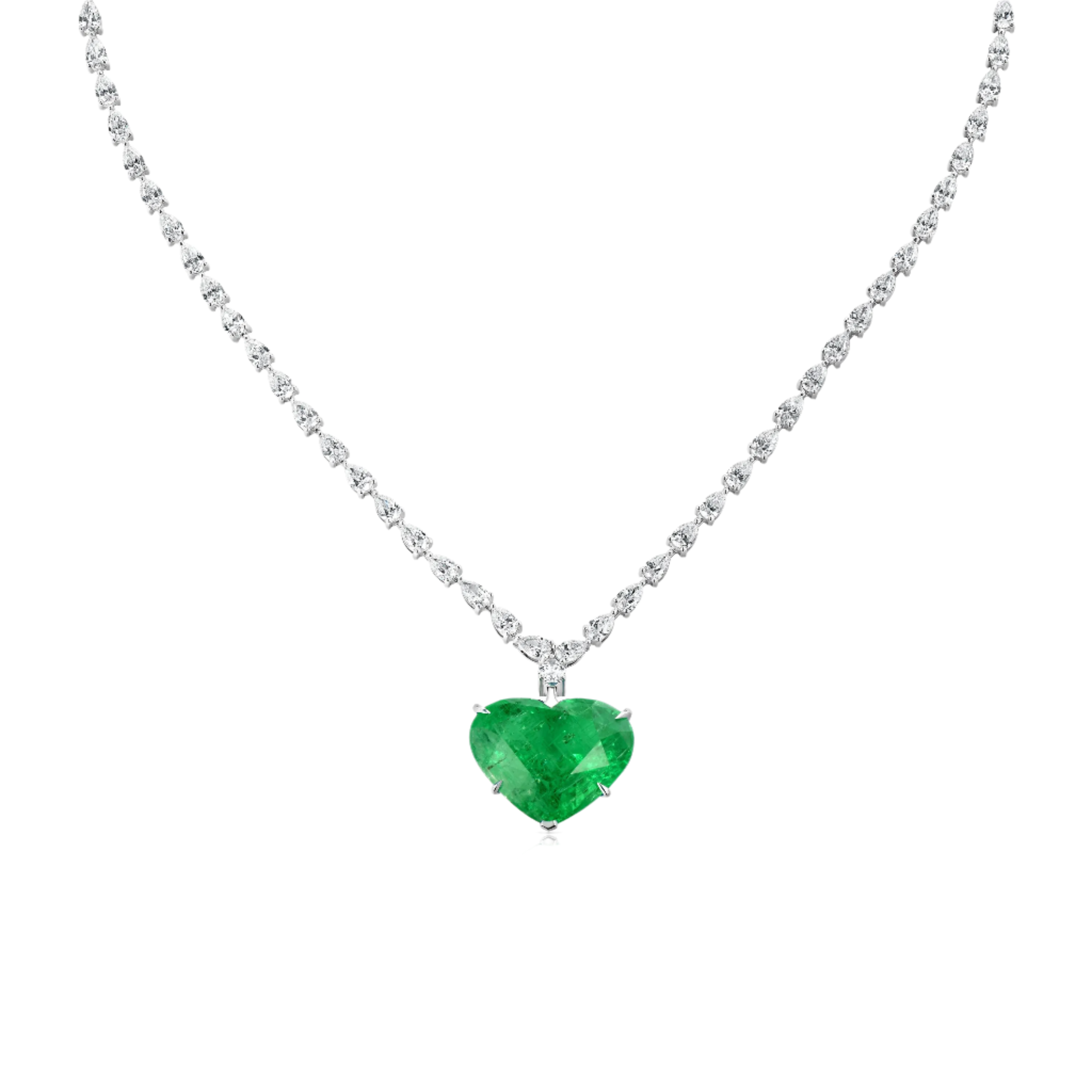 18k Solid White Gold Exclusive Heart-Shaped Colombian Emerald and Diamond Pendant 17.97 CTW