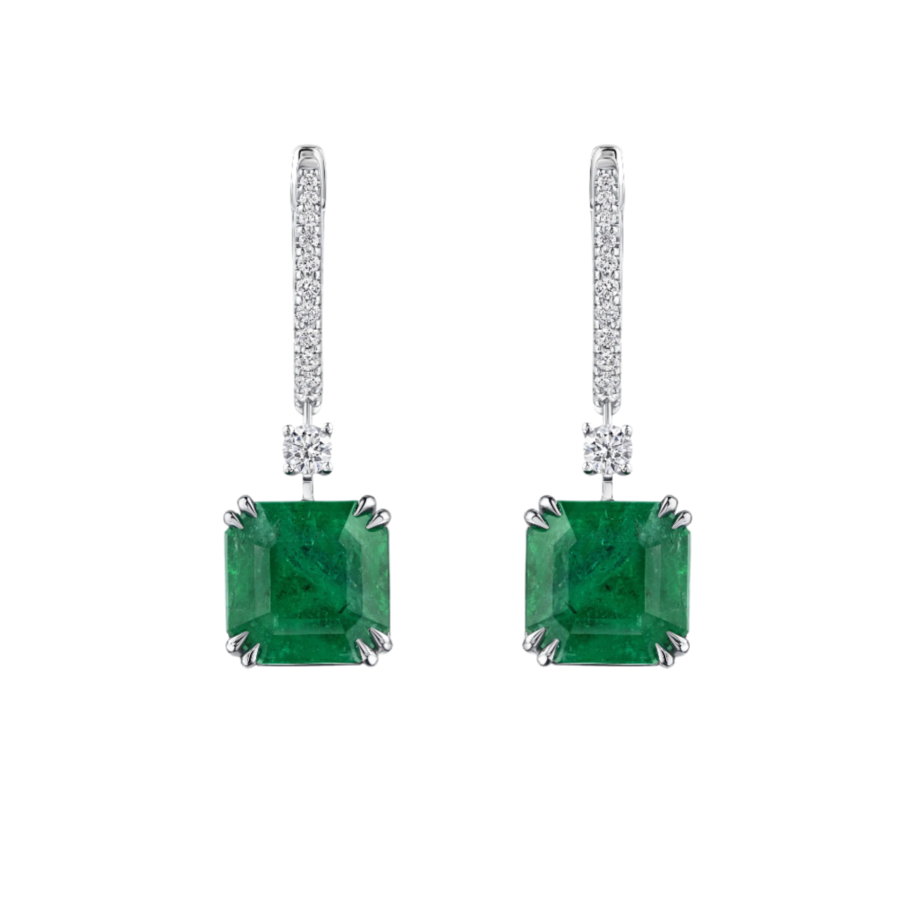 18k Solid White Gold Colombian Emerald and Diamond Estate Earrings 7.20 CTW