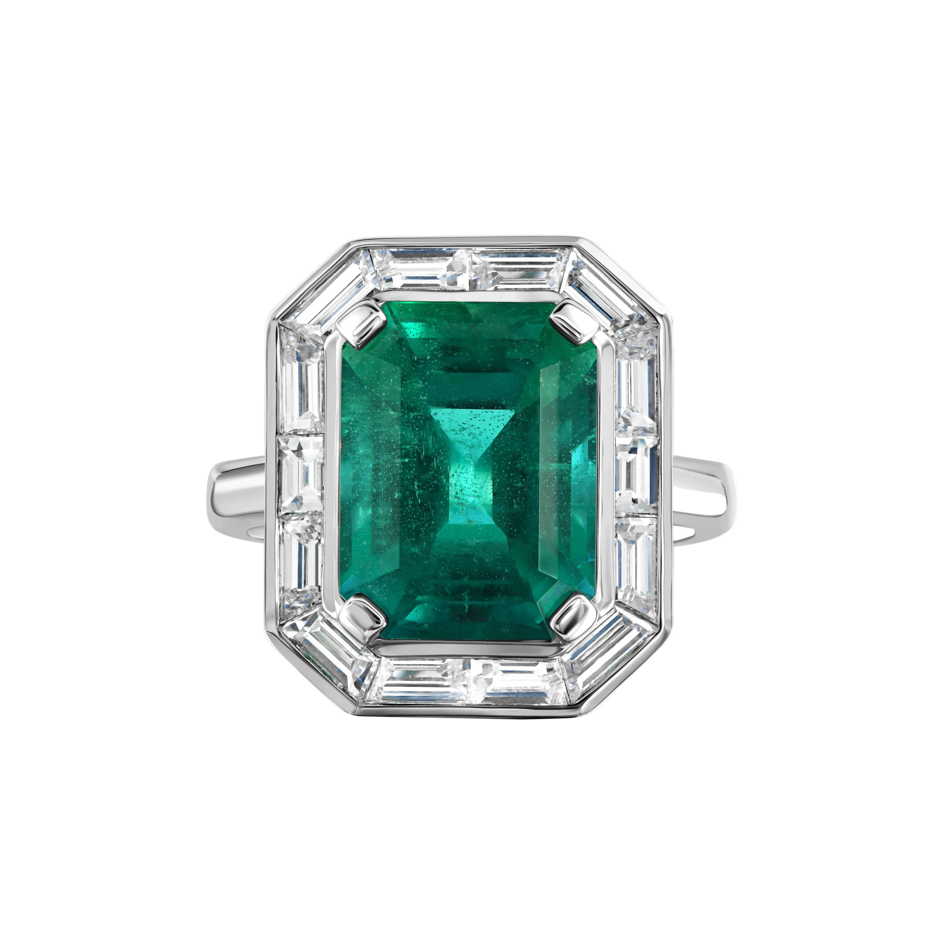 18k Solid White Gold Zambian Emerald and Baguette Cut Diamond Ring 5.60 CTW