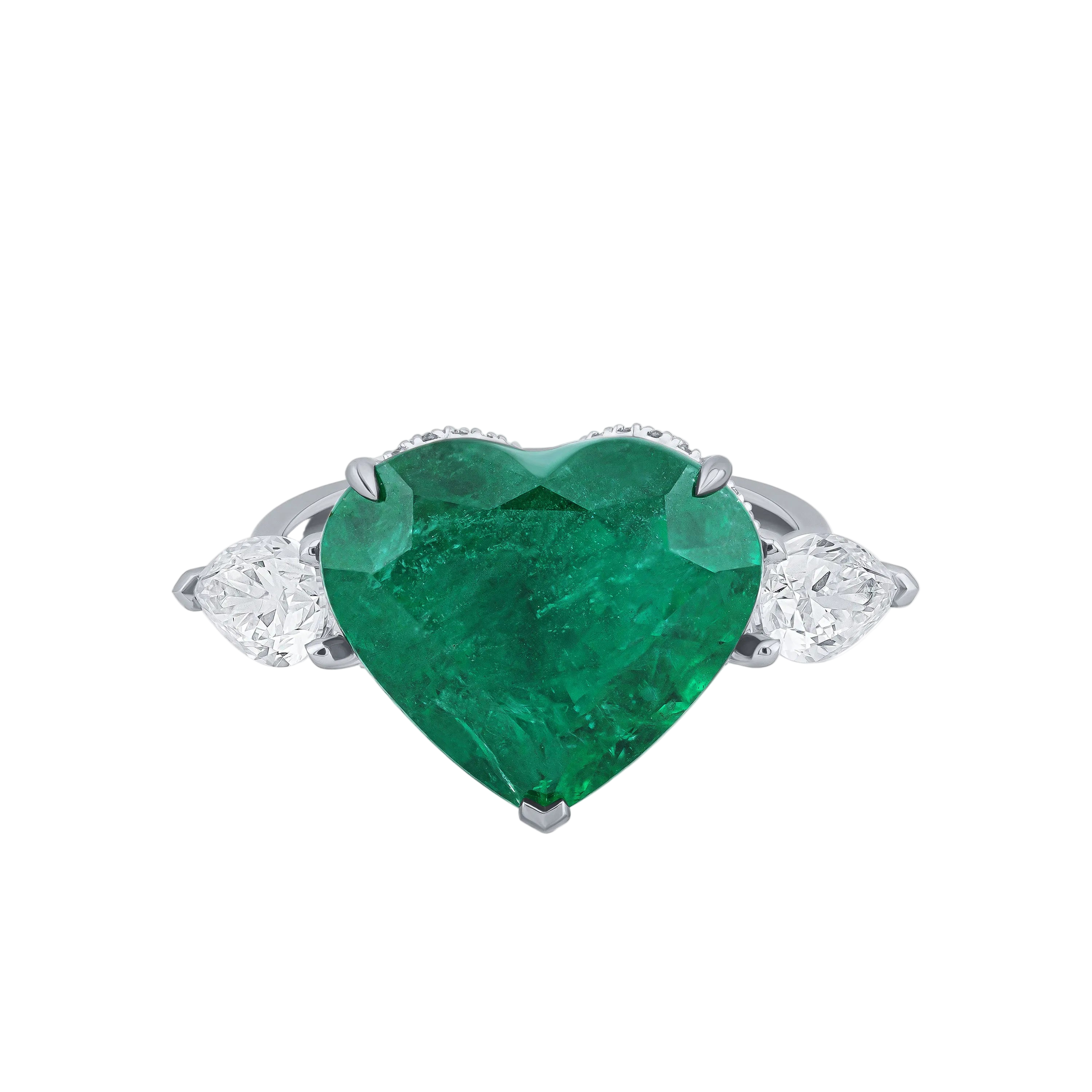18k Solid White Gold Heart-Shaped Colombian Emerald and Diamond Trilogy Ring 4.95 CTW