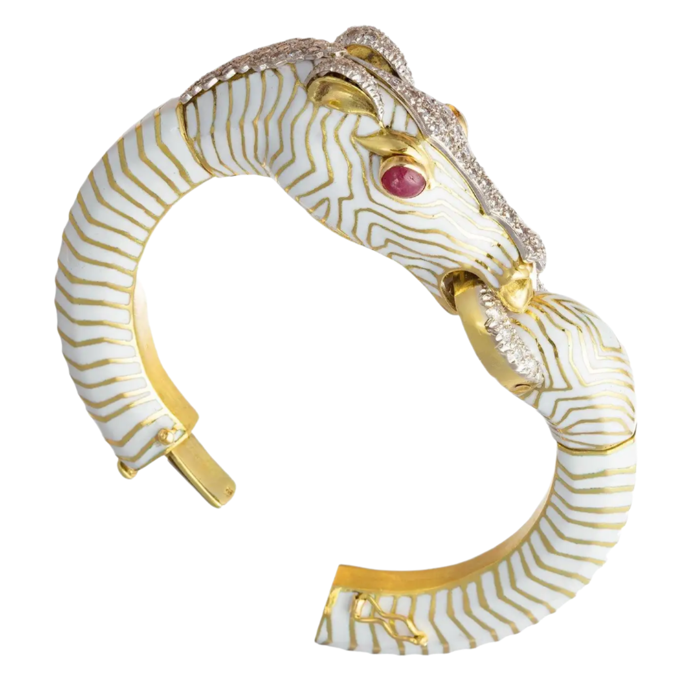 18k Solid Yellow Gold White Enamel Vintage Diamond Horse Bracelet 85g