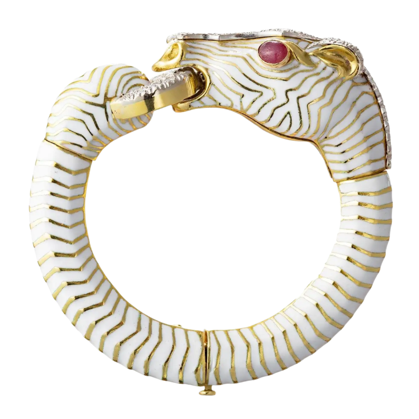 18k Solid Yellow Gold White Enamel Vintage Diamond Horse Bracelet 85g