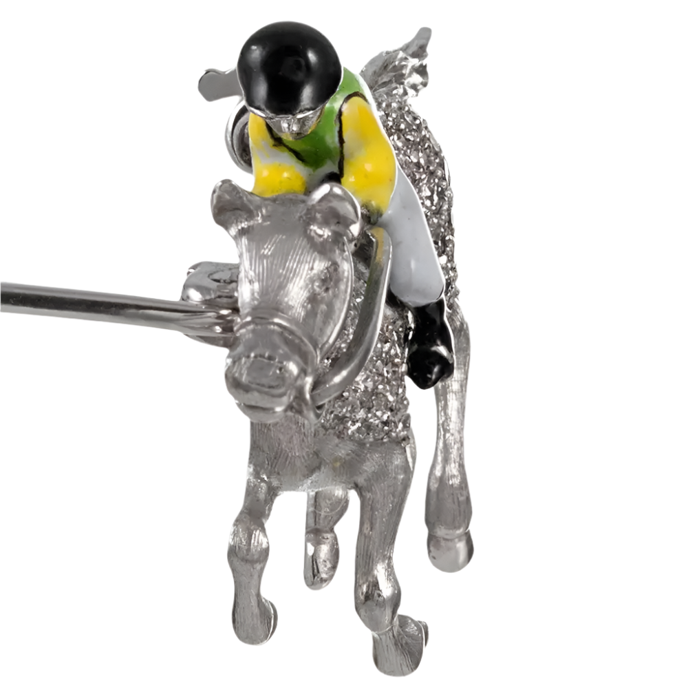 Enamel and Diamond Jockey Lapel Pin in 18k Solid White Gold