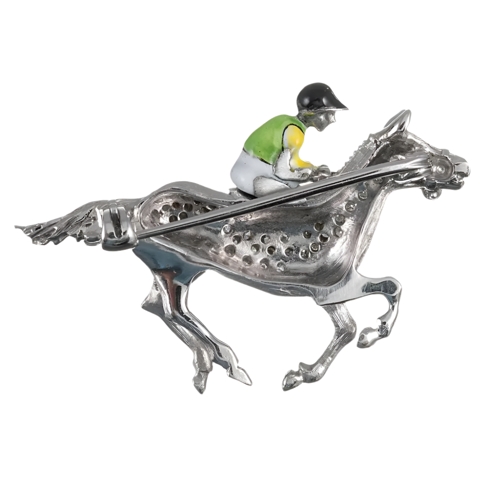 Enamel and Diamond Jockey Lapel Pin in 18k Solid White Gold