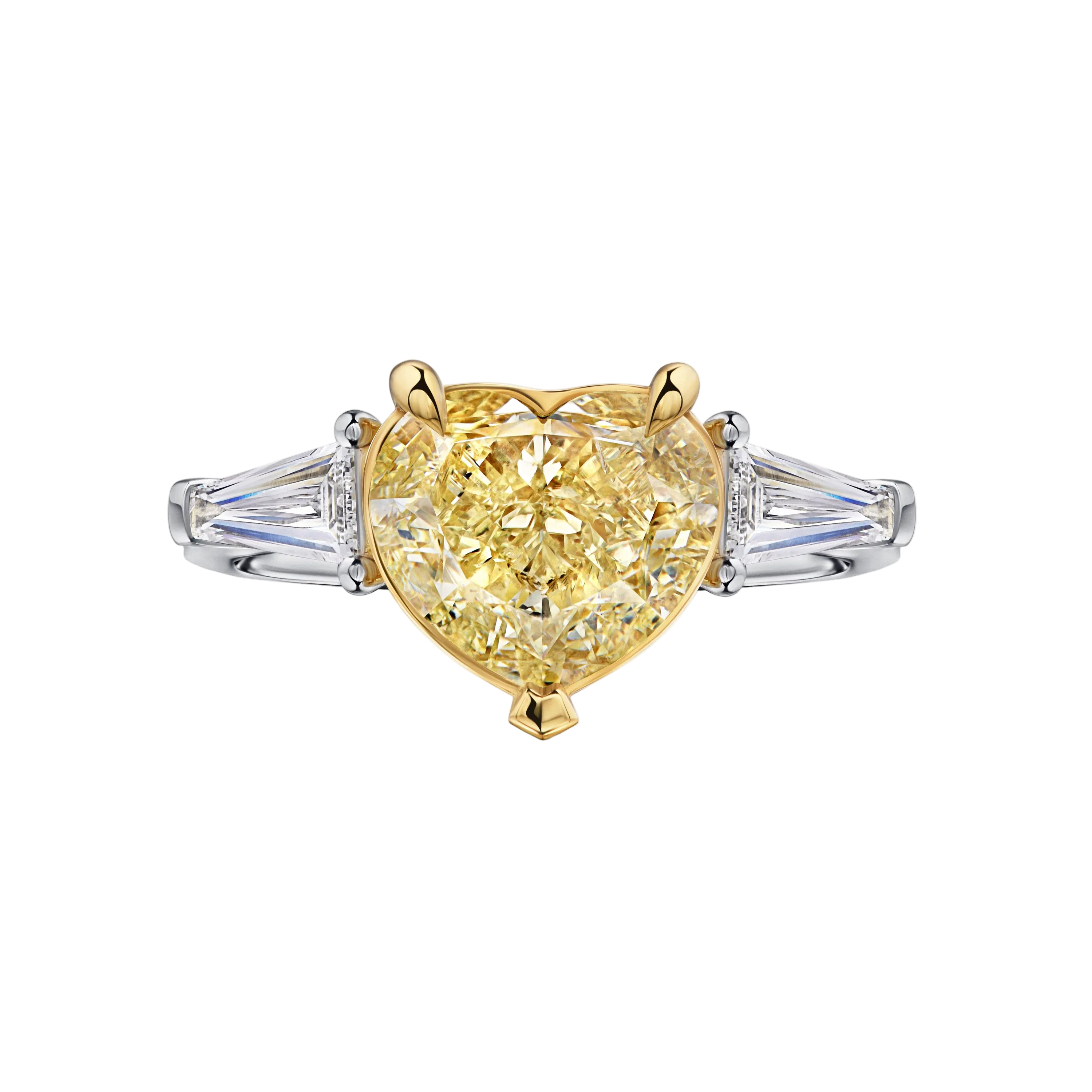 18k Solid White Gold Fancy Yellow Heart-Shaped Diamond Ring with White Diamond Shoulders 4.95 CTW