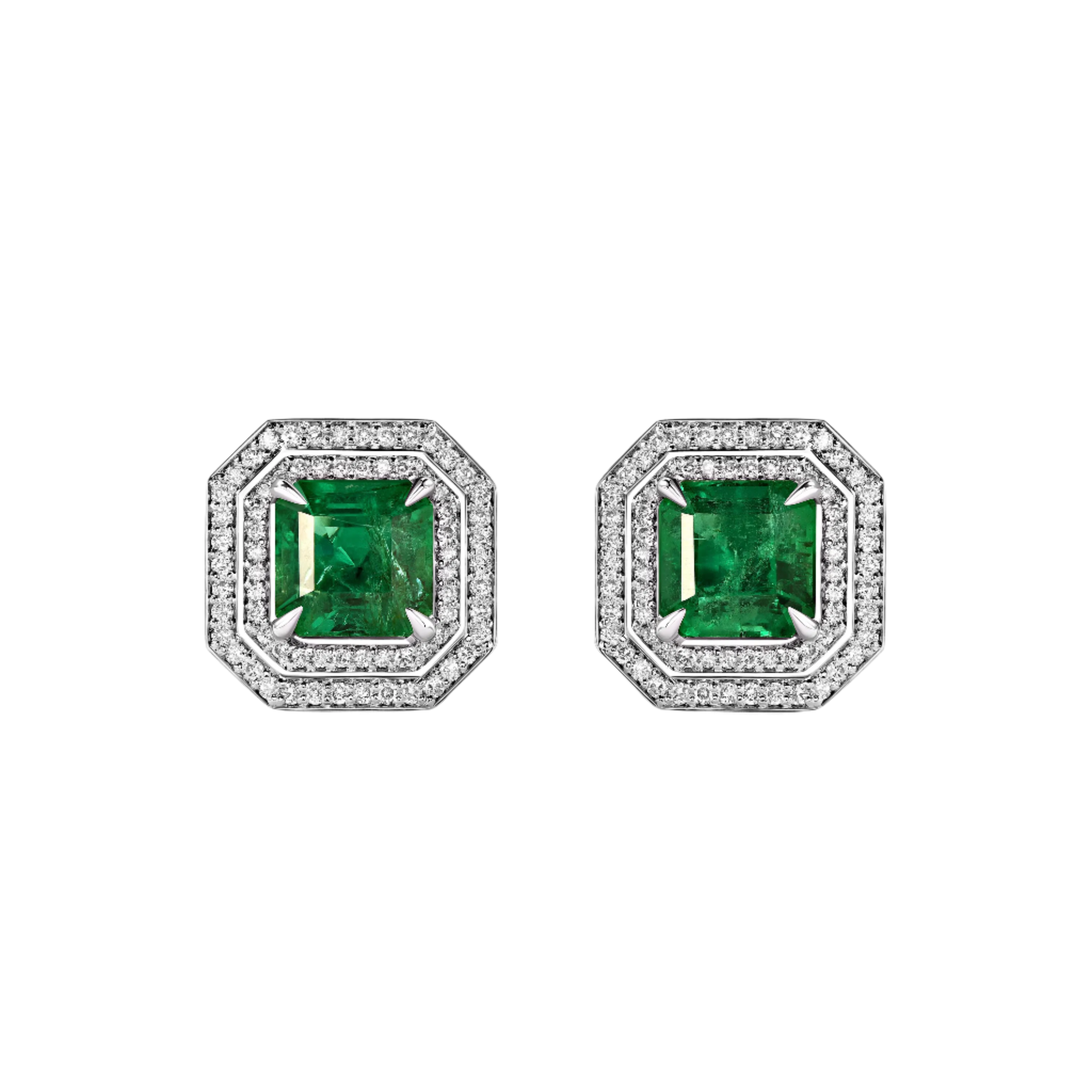 18k Solid White Gold Colombian Emerald and Diamond Stud Earrings 5.25 CTW