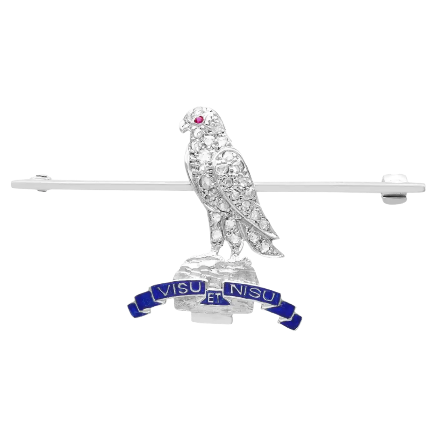 Antique 1930s Diamond and Ruby 18k Solid White Gold Regimental Brooch