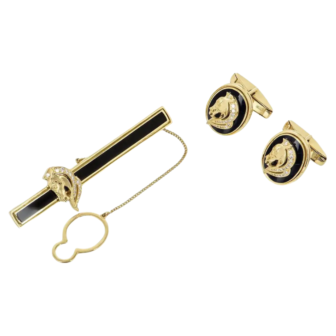 Gold and Diamond Horse Tie Slide and Cufflink Set in 18k Solid Yellow Gold.