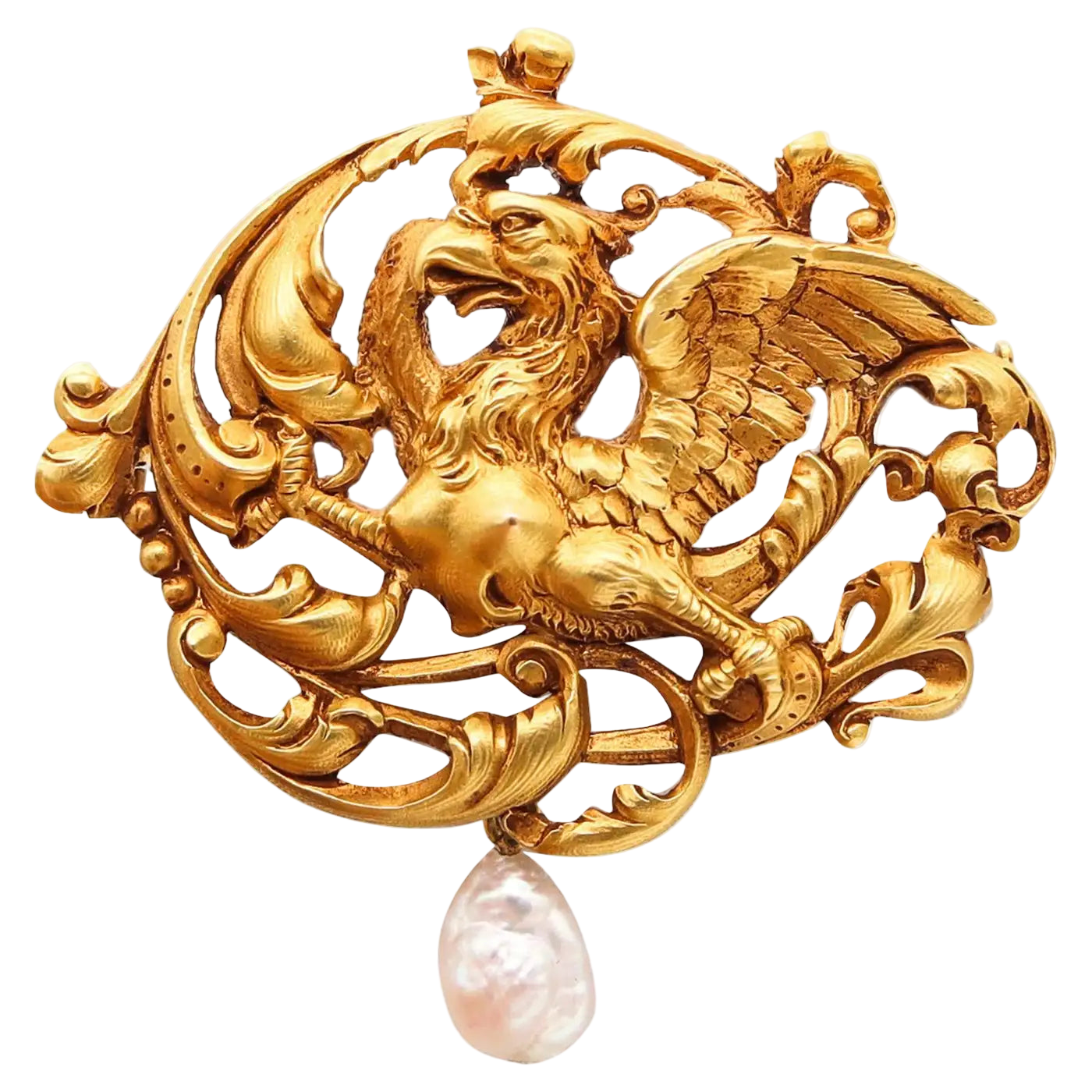 1890 French Art Nouveau Griffin Brooch in 18kt Solid Yellow Gold with Pearl