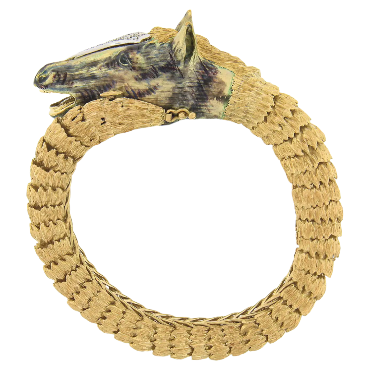 Vintage 18k Yellow Gold Super Fine Textured & Detailed Enamel 3D Horse Head Diam