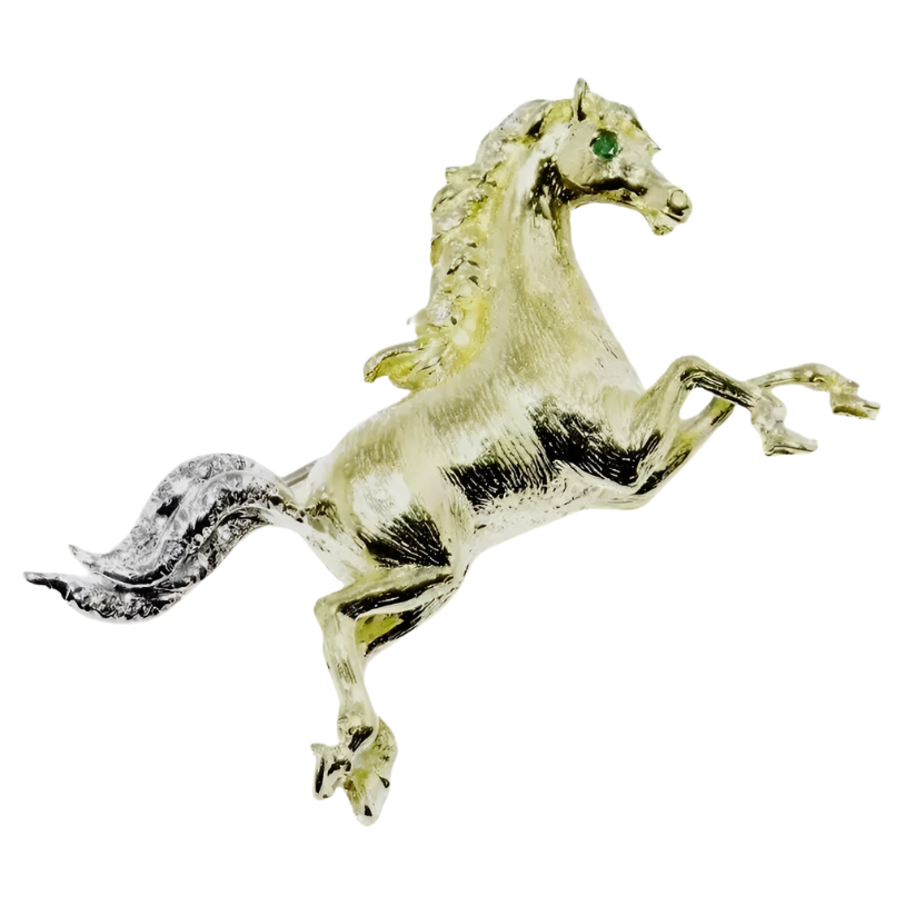 Emerald and Diamond Galloping Horse Pin/Brooch 18K Solid Yellow and White Gold