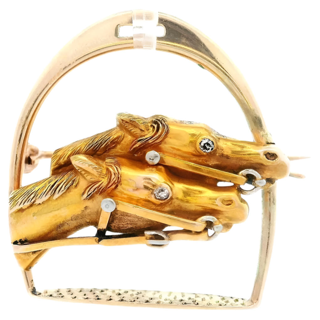 Late Victorian 18k Solid Yellow Gold and Diamond Horse and Stirrup Pin