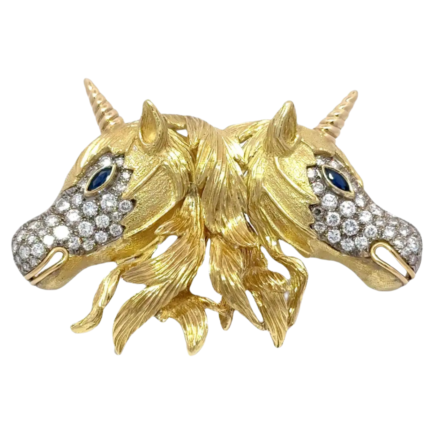 18k Solid Yellow Gold Diamond and Sapphire Double-Unicorn Pin Brooch