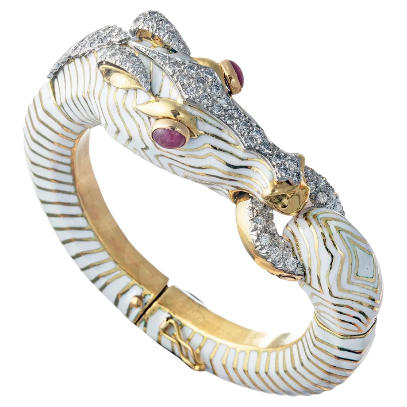 18k Solid Yellow Gold White Enamel Vintage Diamond Horse Bracelet 85g