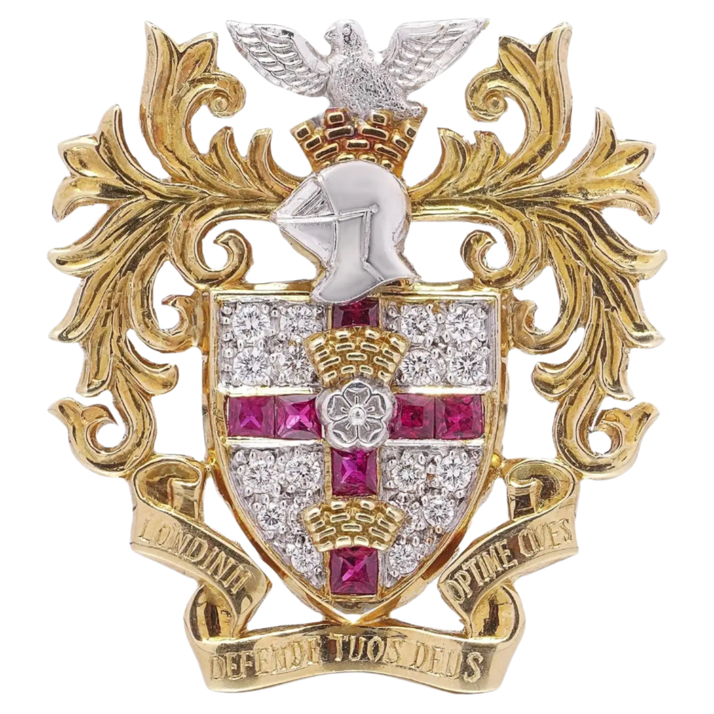 18k Solid Yellow Gold Heraldic Brooch with Diamonds and Rubies
