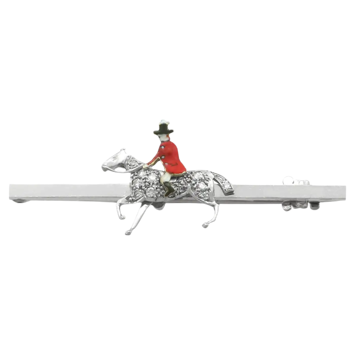 1890s Victorian Diamond and Enamel, Platinum and 18k White Gold Hunting Bar Brooch