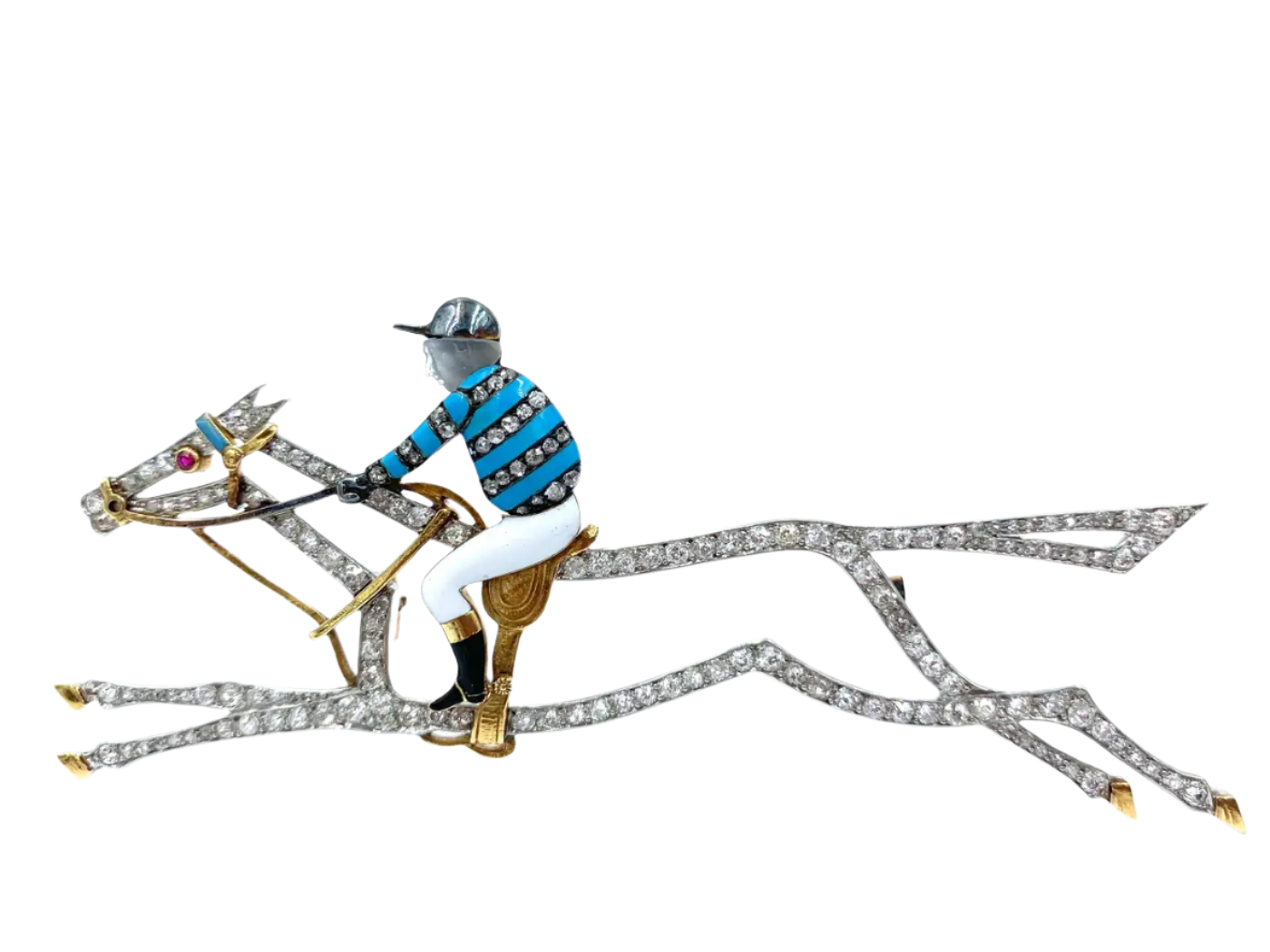 18k Solid Gold Large Edwardian Diamond Enamel Race Horse Jockey Brooch