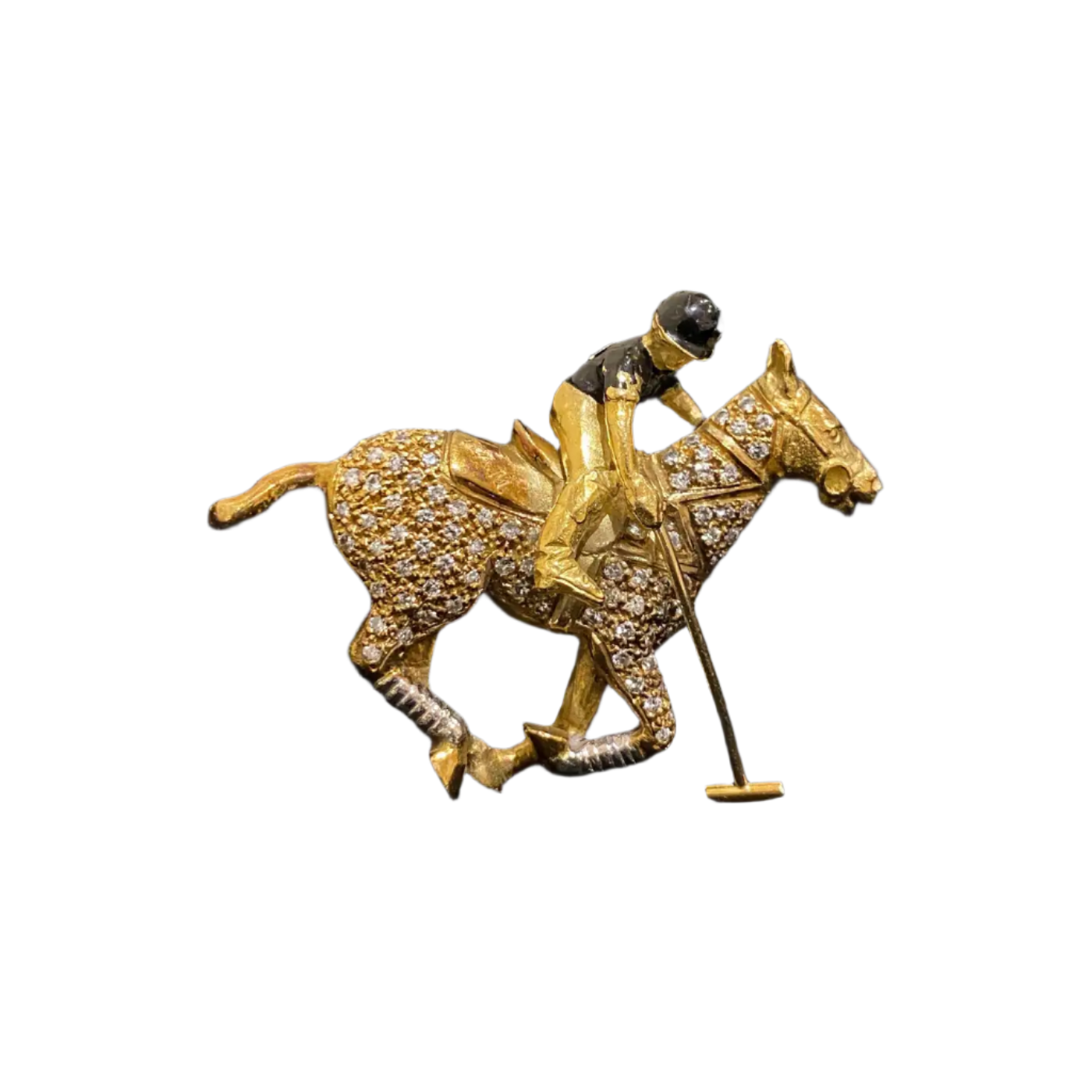 1980s Diamond Enamel Polo Pony Articulated Player Horse Brooch Gold