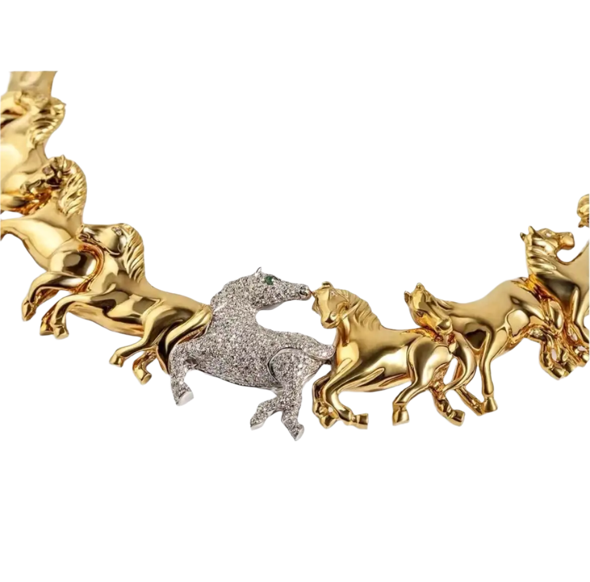 Galloping Horses 18k Solid Yellow Gold 2ct Diamond Pave Choker Necklace
