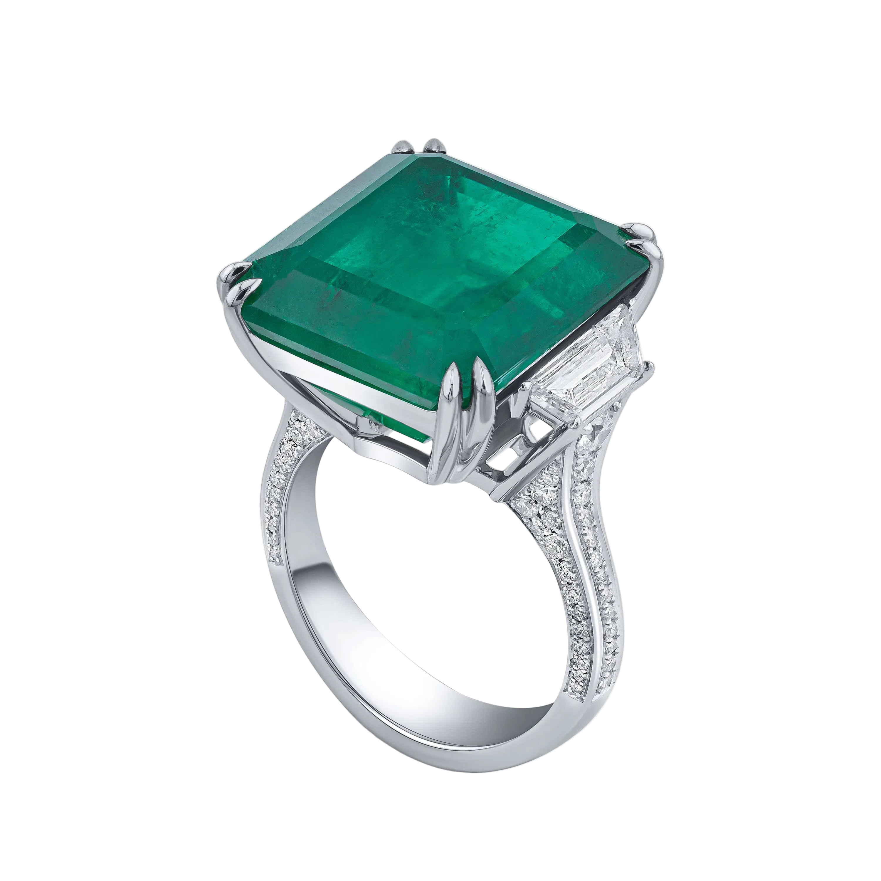18k Solid White Gold Zambian Emerald and Diamond Trilogy Statement Ring 9.43 CTW
