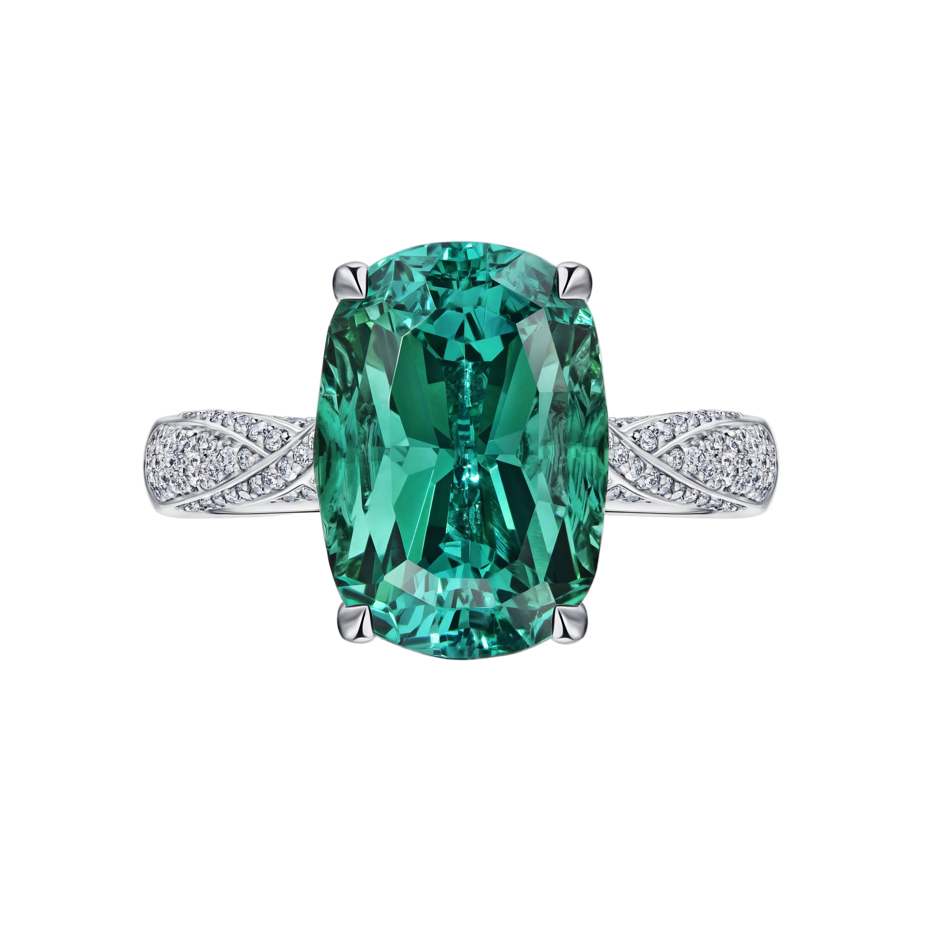 18k Solid White Gold Lagoon Green Tourmaline and Diamond Cocktail Ring 4.77 CTW