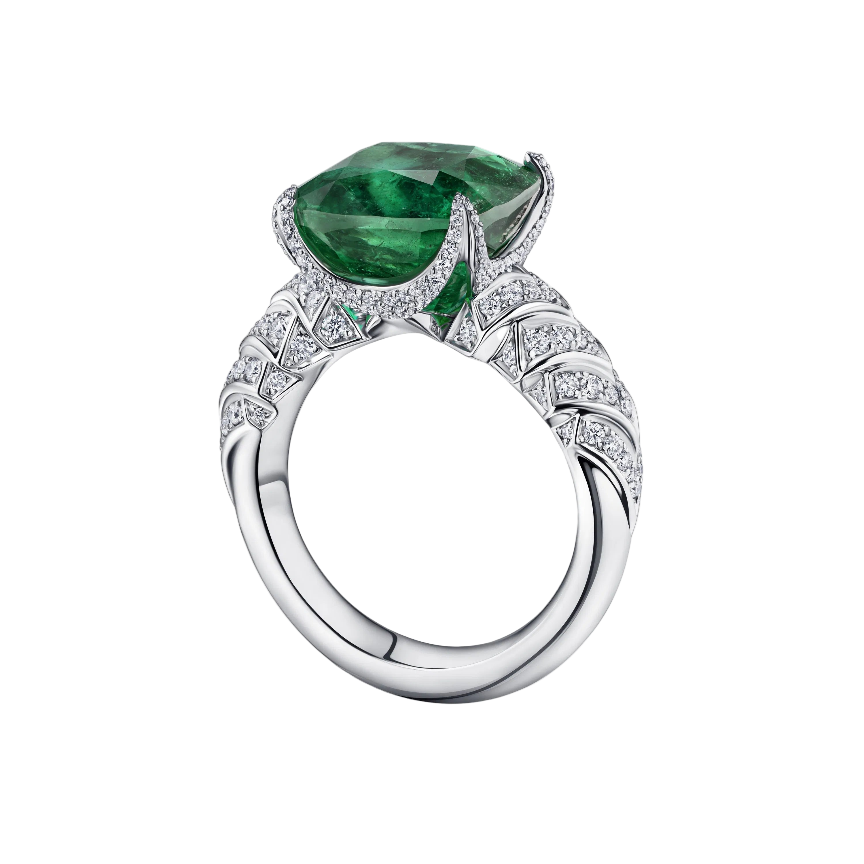 18k Solid White Gold Colombian Emerald and Diamond Cocktail Ring 4.20 CTW