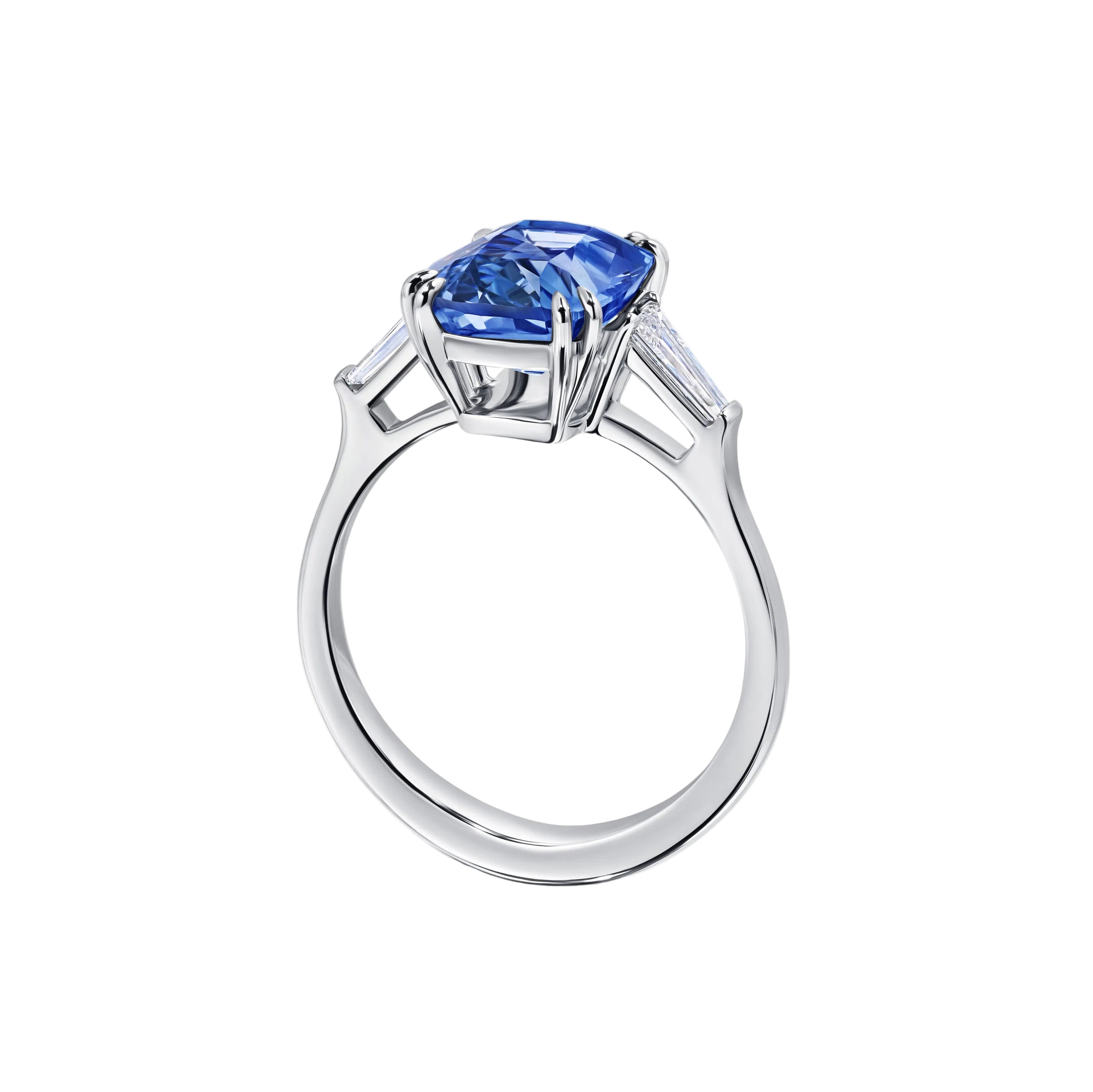 18k Solid White Gold Deep Blue Tanzanite and Diamond Trilogy Ring 3.88 CTW