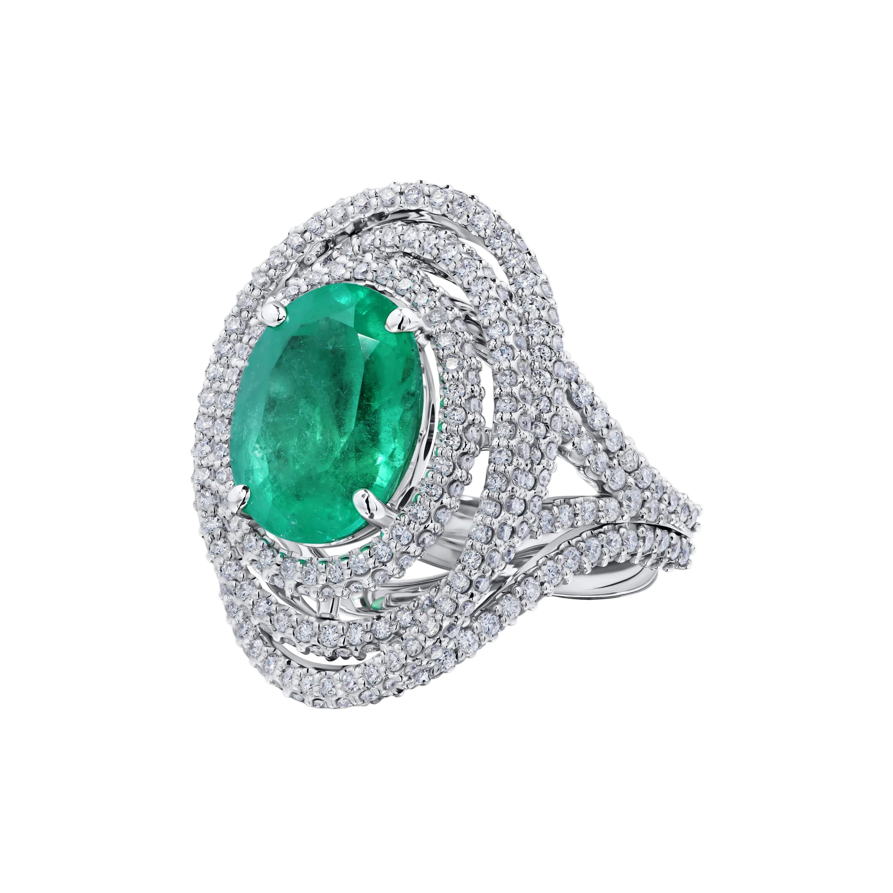 18k Solid White Gold Zambian Emerald and Diamond Pave Cocktail Ring 4.87 CTW