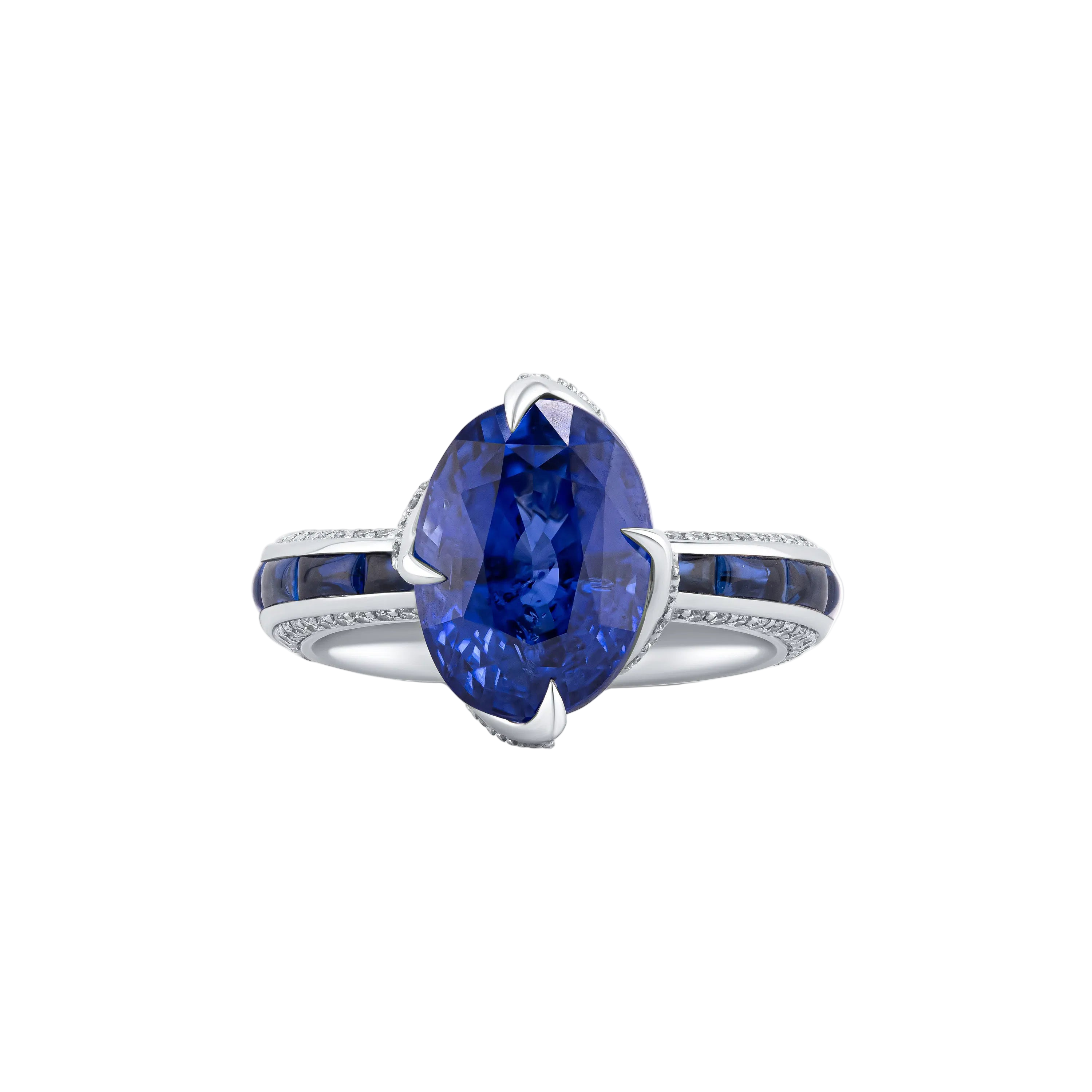 18k Solid White Gold Royal Blue Sapphire and Diamond Intricate Cocktail Ring 5.20 CTW