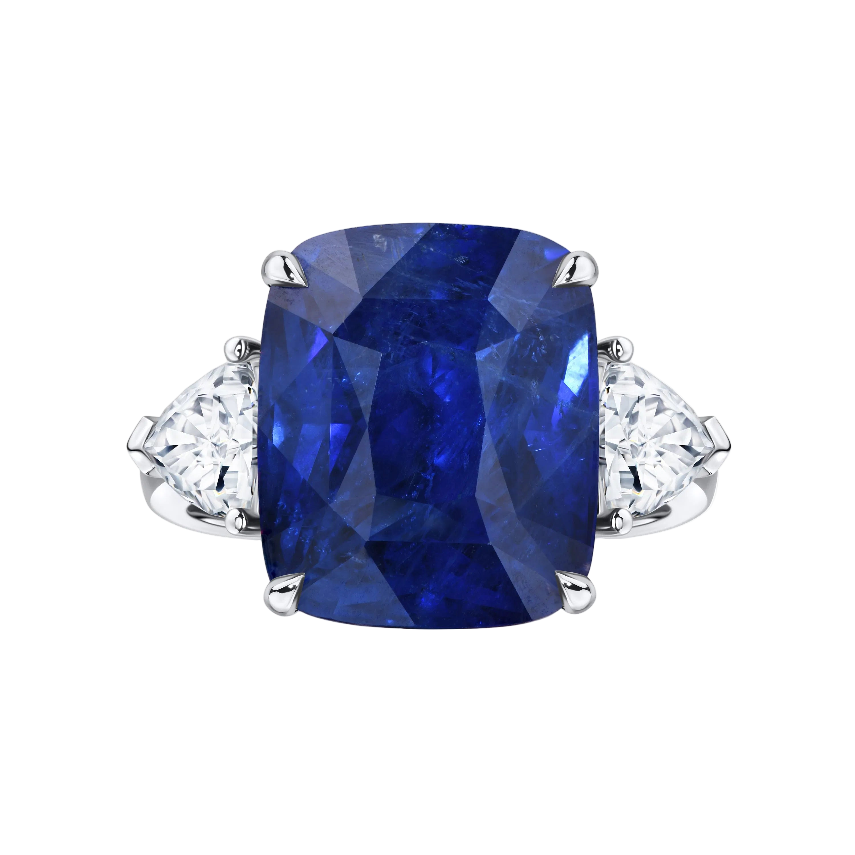 18k Solid White Gold Royal Blue Sapphire and Diamond Trilogy Ring 8.88 CTW