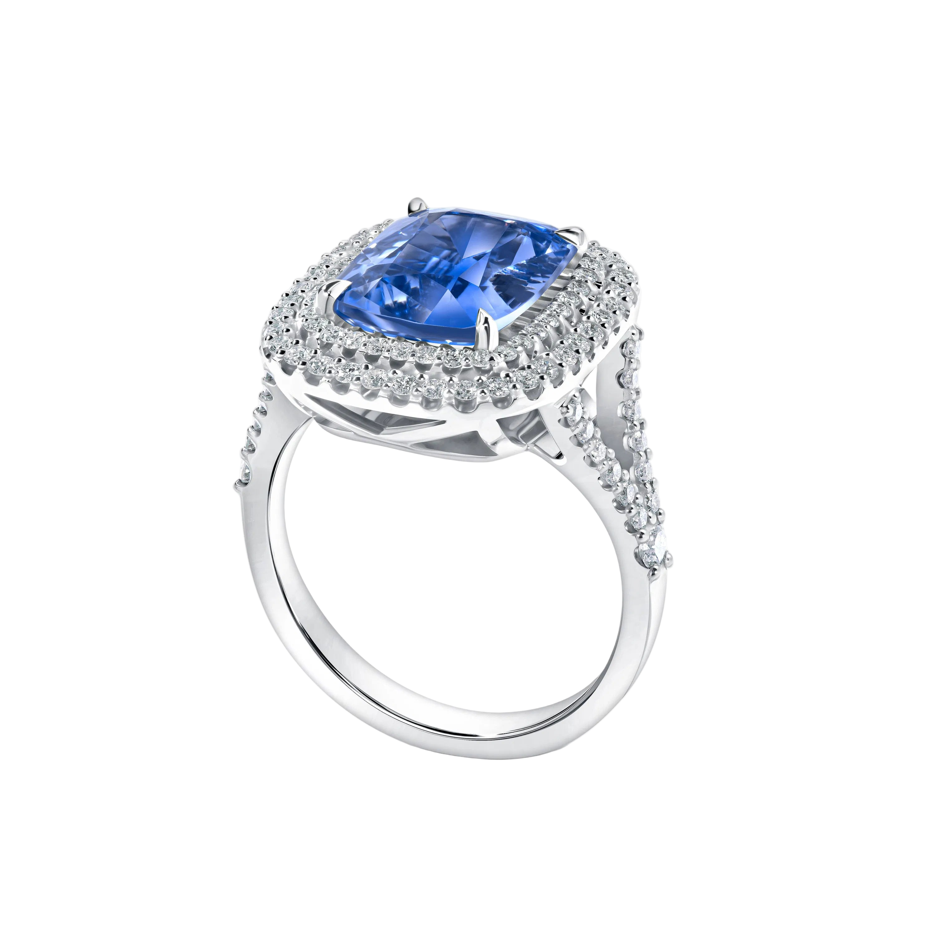 18k Solid White Gold Royal Blue Sapphire and Diamond Double Halo Cocktail Ring 6.25 CTW