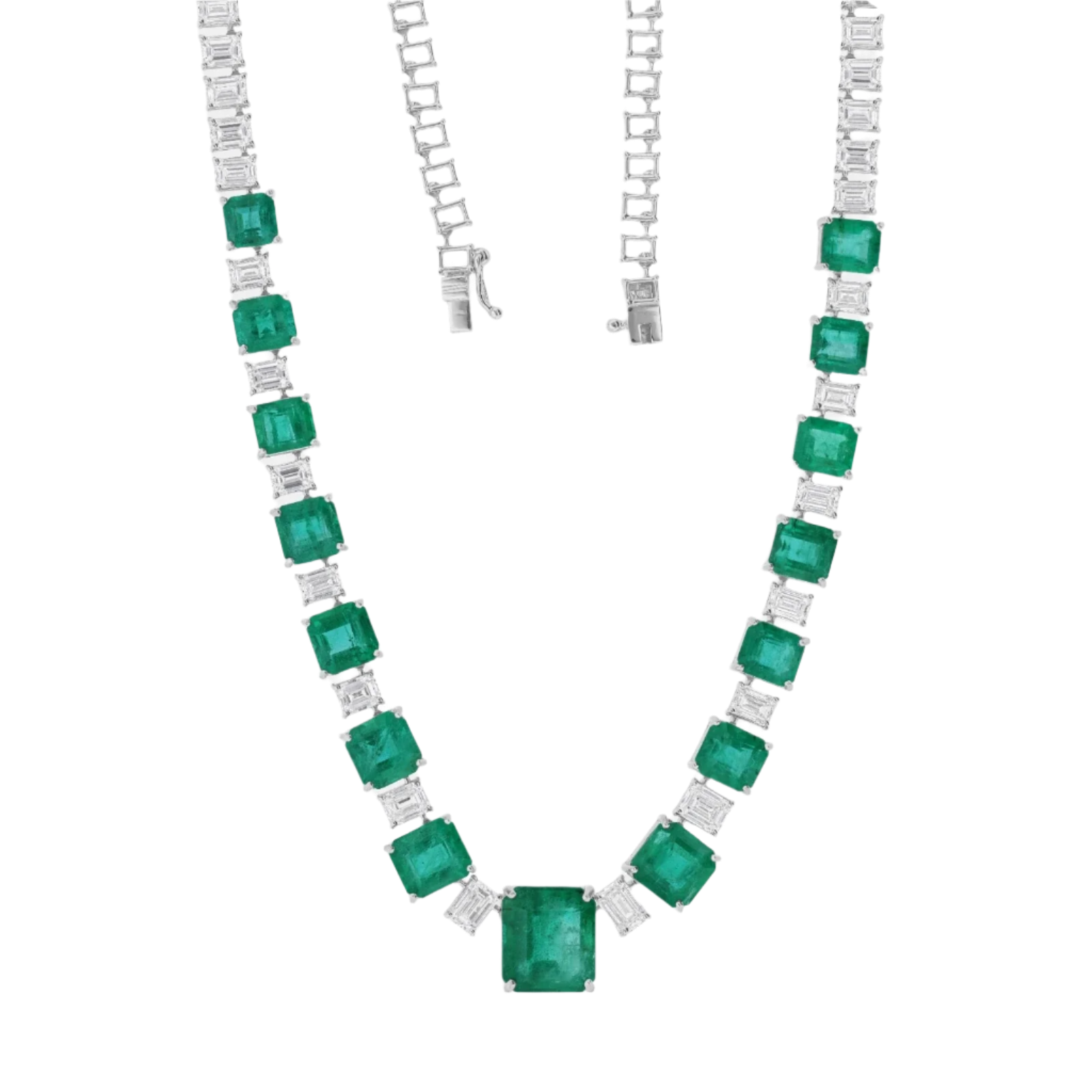 18k Solid White Gold Magnificent Colombian Emerald and Diamond Necklace 85.55 CTW