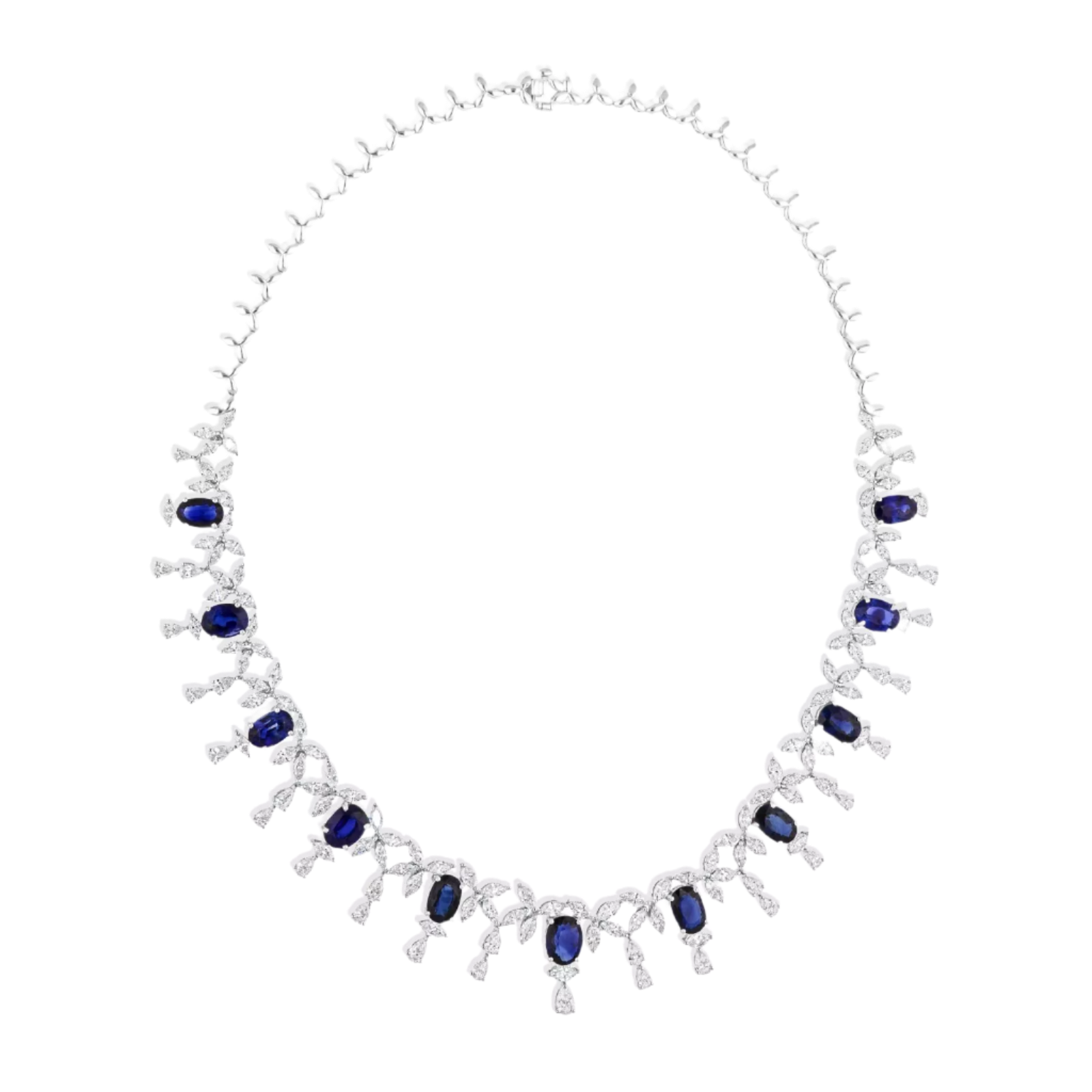 18k Solid White Gold Royal Blue Sapphire and Diamond Necklace 32.55 CTW