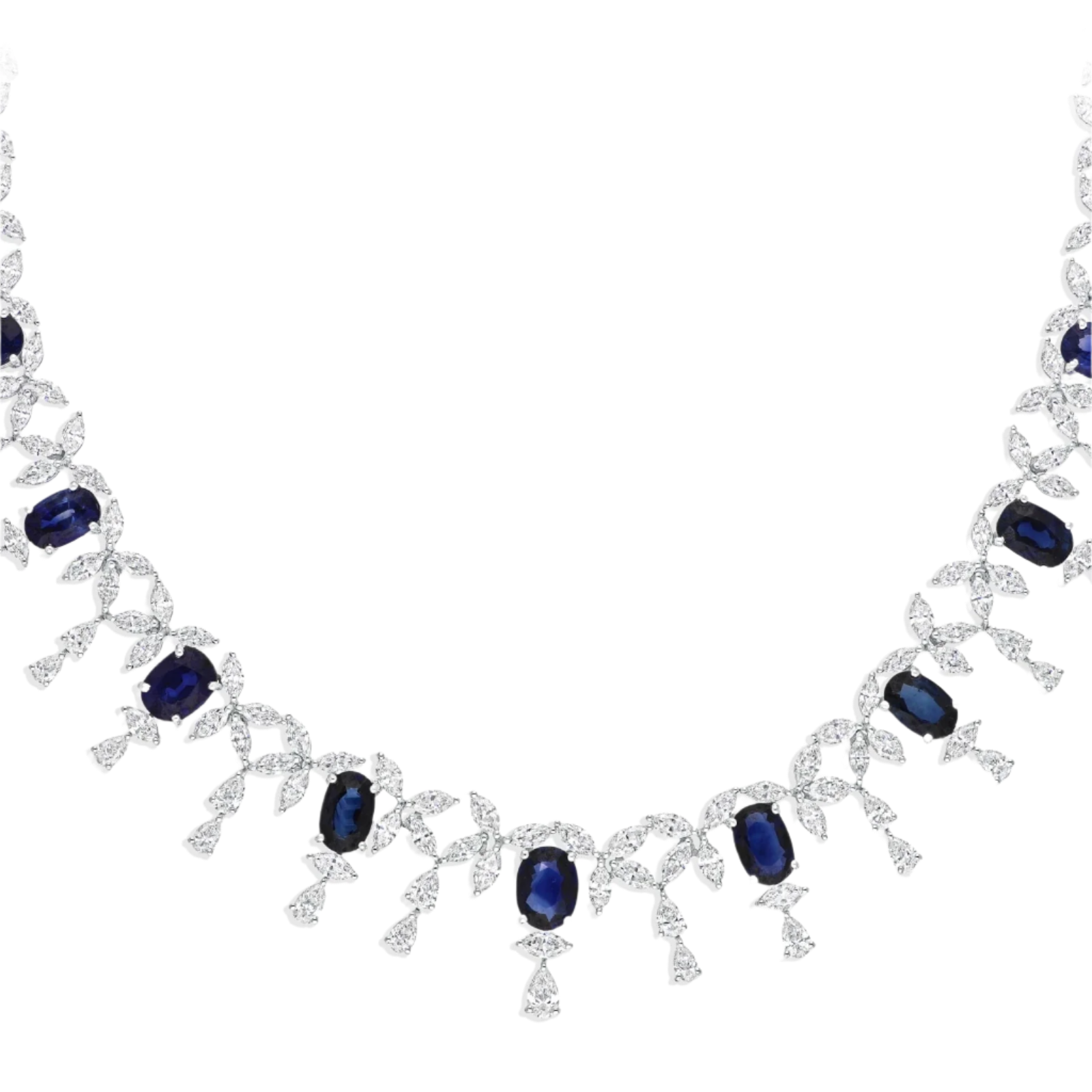 18k Solid White Gold Royal Blue Sapphire and Diamond Necklace 32.55 CTW