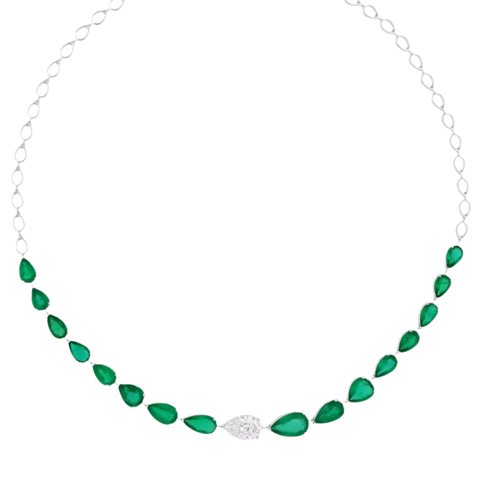 18k Solid White Gold Colombian Emerald and Diamond Riviera Necklace 27.55 CTW