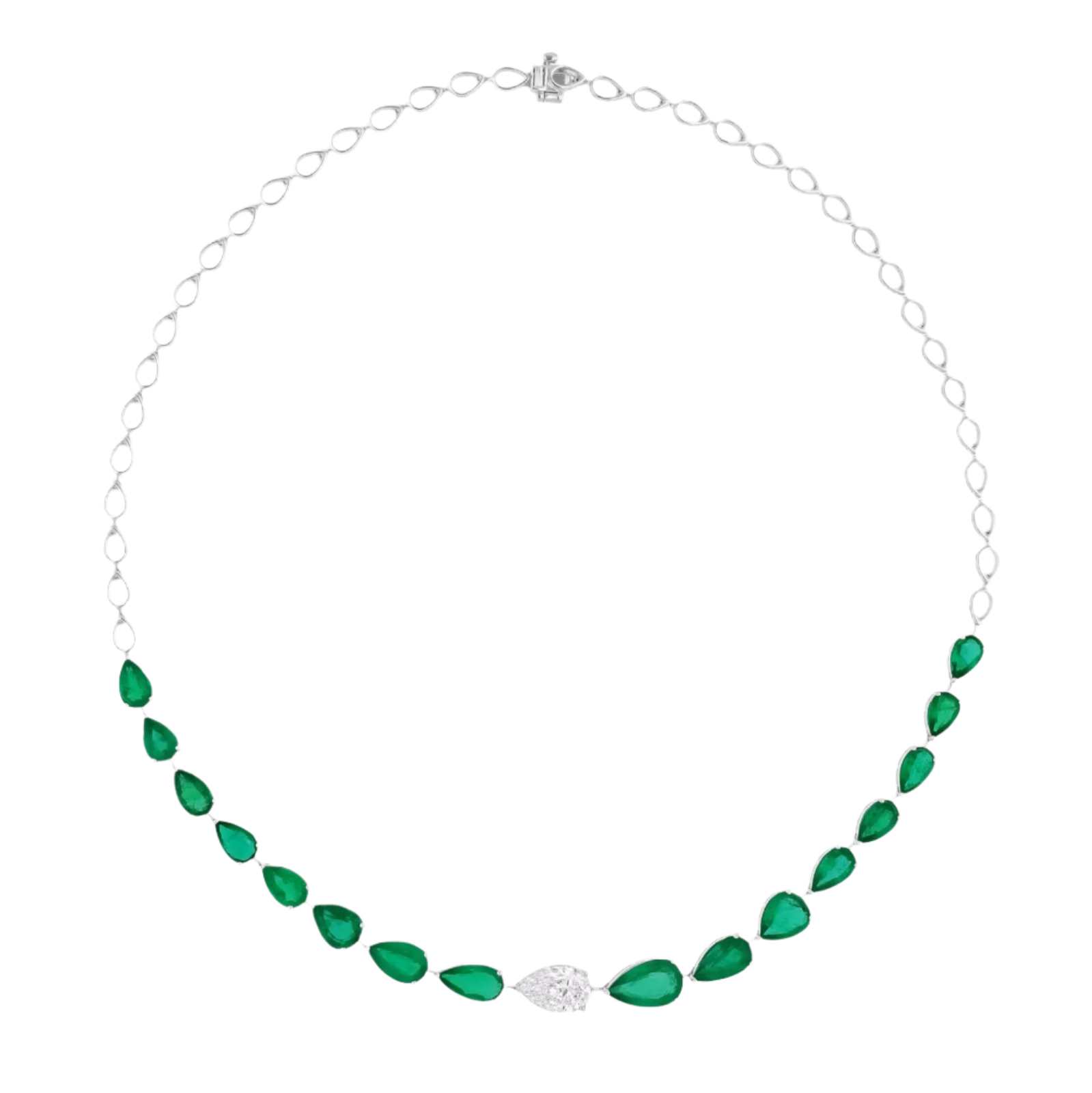 18k Solid White Gold Colombian Emerald and Diamond Riviera Necklace 27.55 CTW