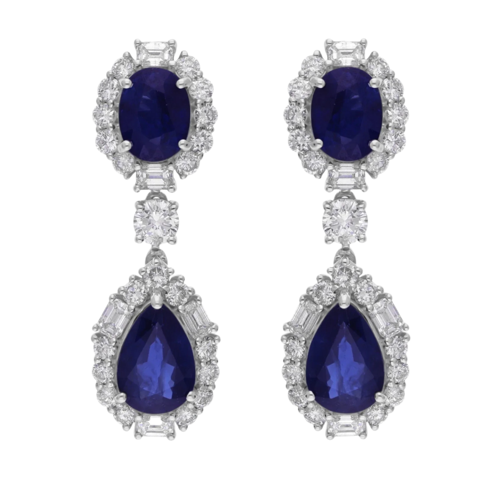18k Solid White Gold Royal Blue Sapphire and Diamond Estate Earrings 8.55 CTW