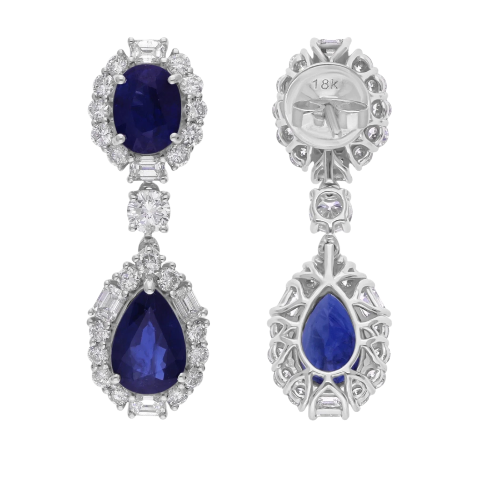 18k Solid White Gold Royal Blue Sapphire and Diamond Estate Earrings 8.55 CTW