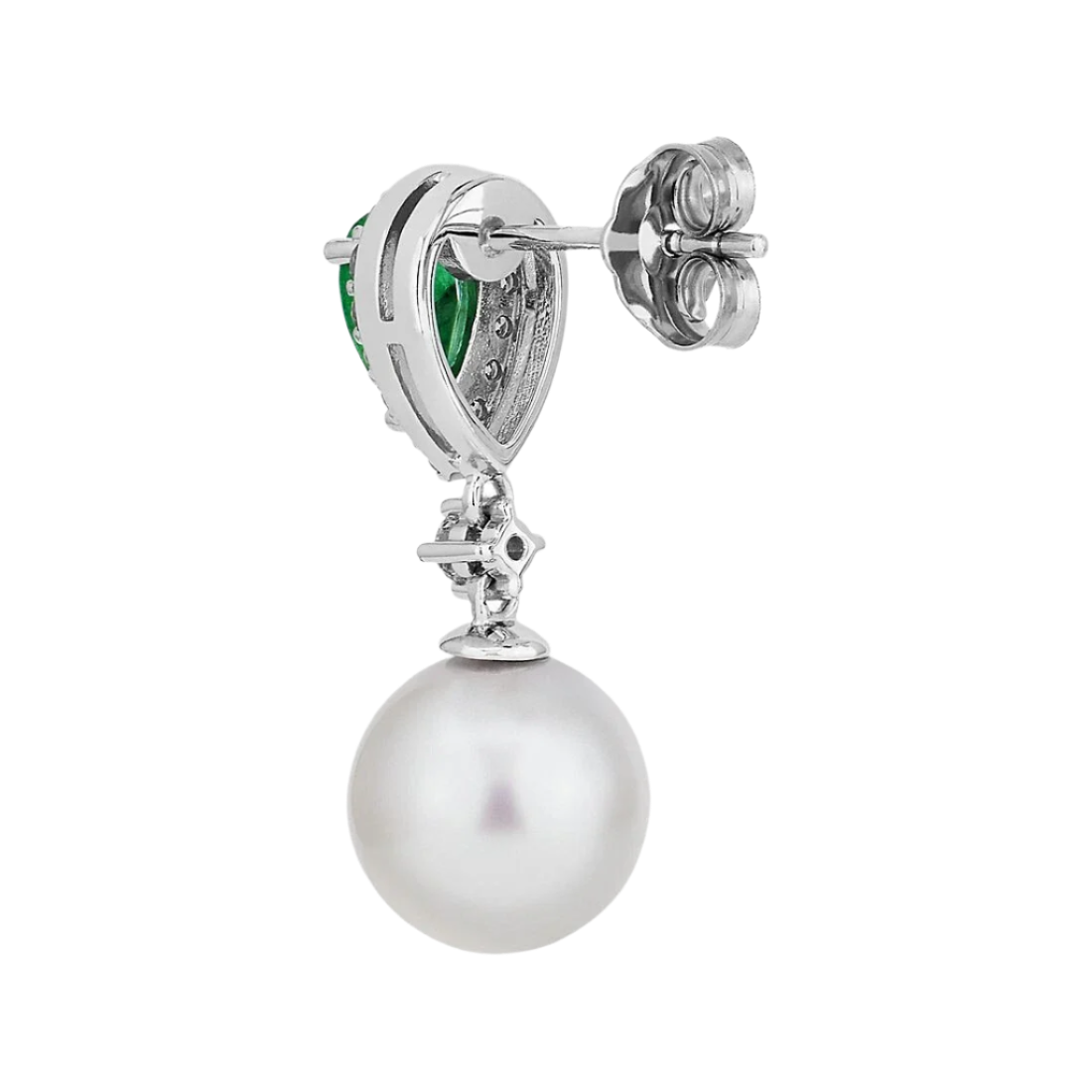 18k Solid White Gold Southsea Pearl, Diamond and Zambian Emerald Cocktail Earrings