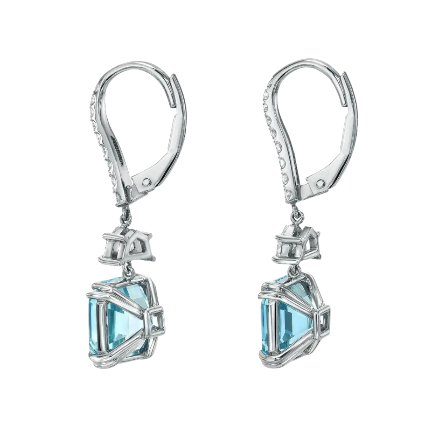 18k Solid White Gold Intense Blue Aquamarine and Diamond Earrings 6.30 CTW