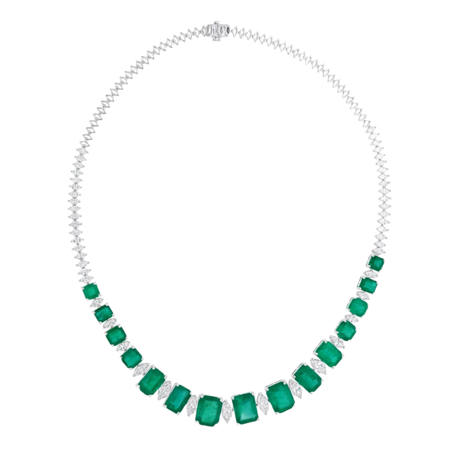 18k Solid White Gold Carats Zambian Emerald and Diamond Statement Necklace 59.89 CTW